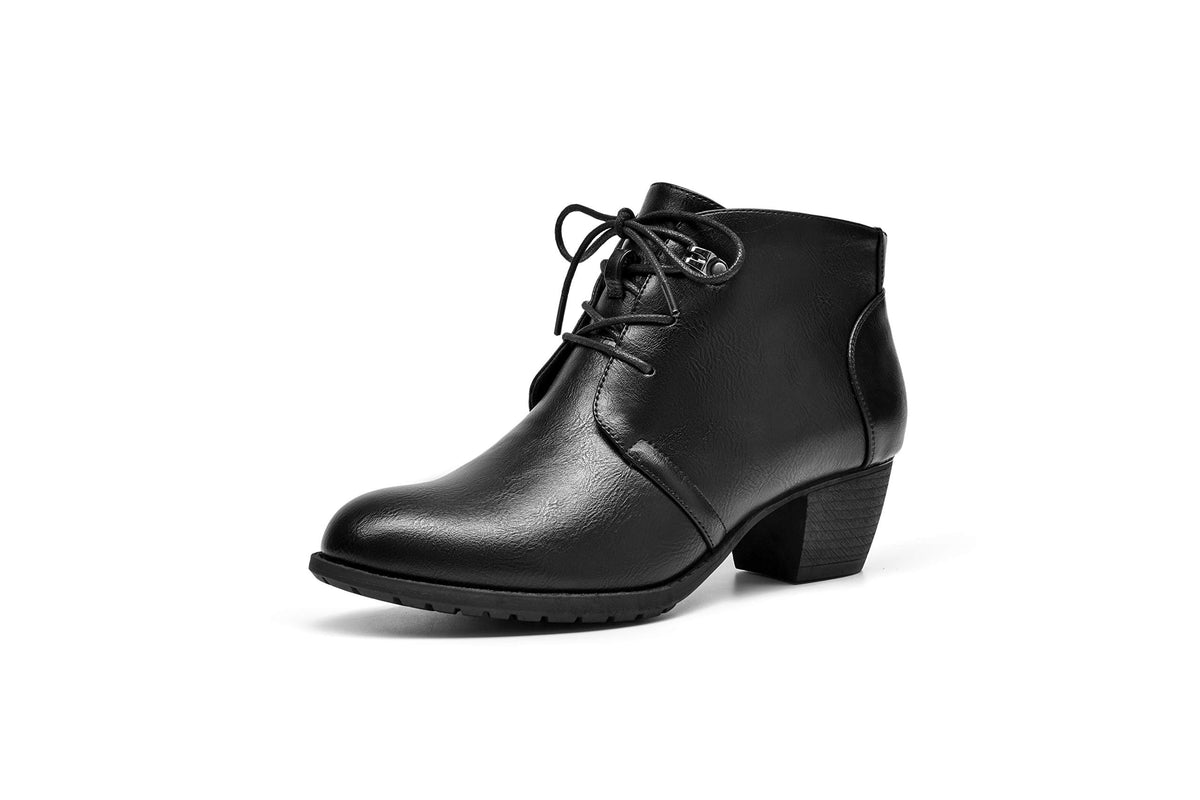 Vjh Confort Womens Ankle Boots,Lace-Up Round Toe Comfortable Low Heel Dress Booties With Side Zipper (Black Smooth,7)