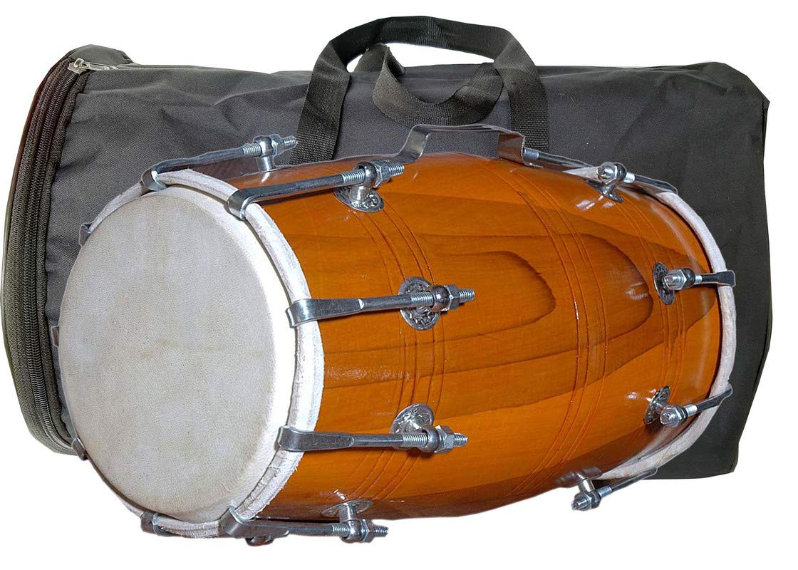 Gt Manufacturers Wooden Musical Dholak Instrument Drum Nuts & Bolt With Bag (Yellow)