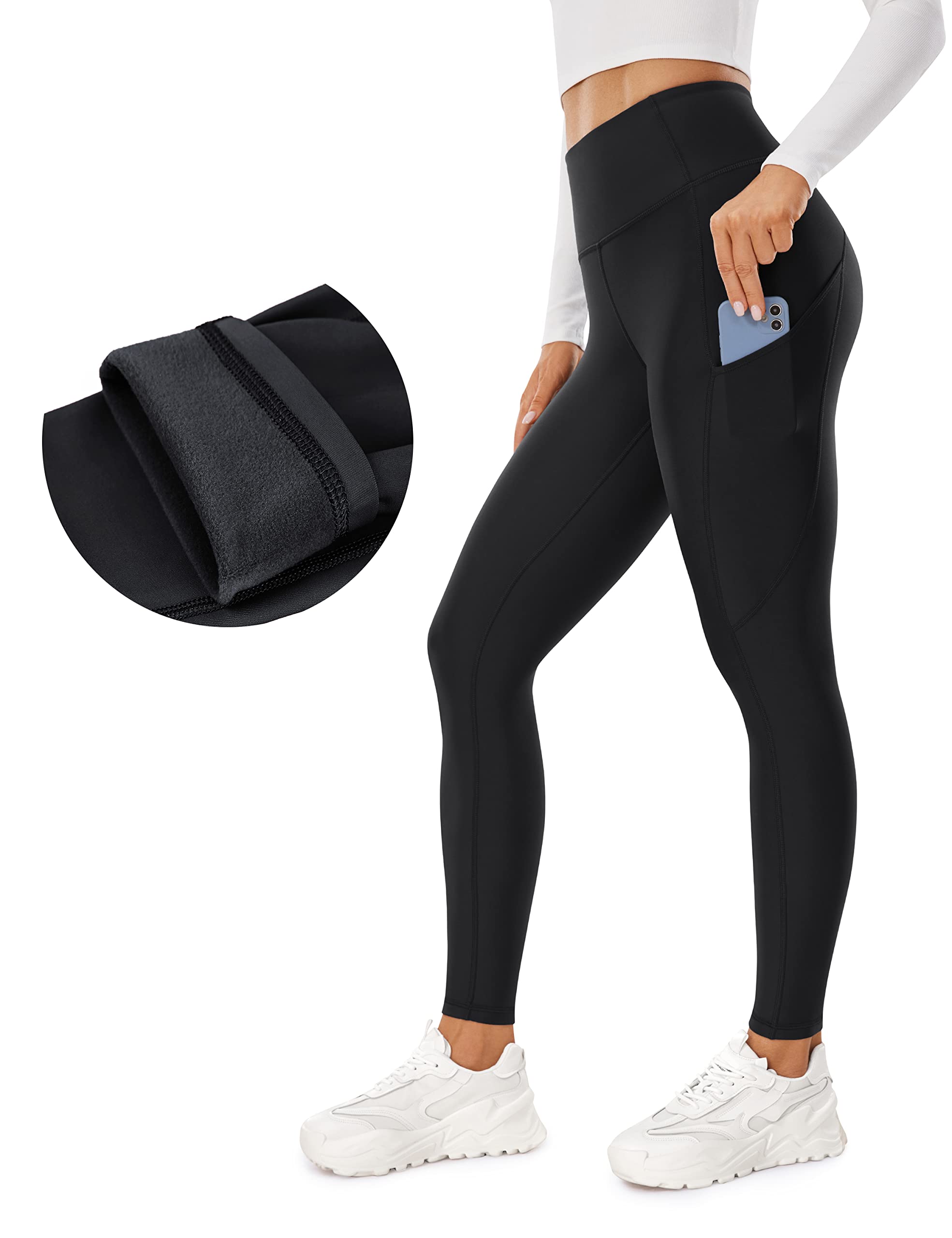 Crz Yoga Thermal Fleece Lined Leggings Women 28 - Winter Warm High Waisted Hiking Pants With Pockets Workout Running Tights Blac