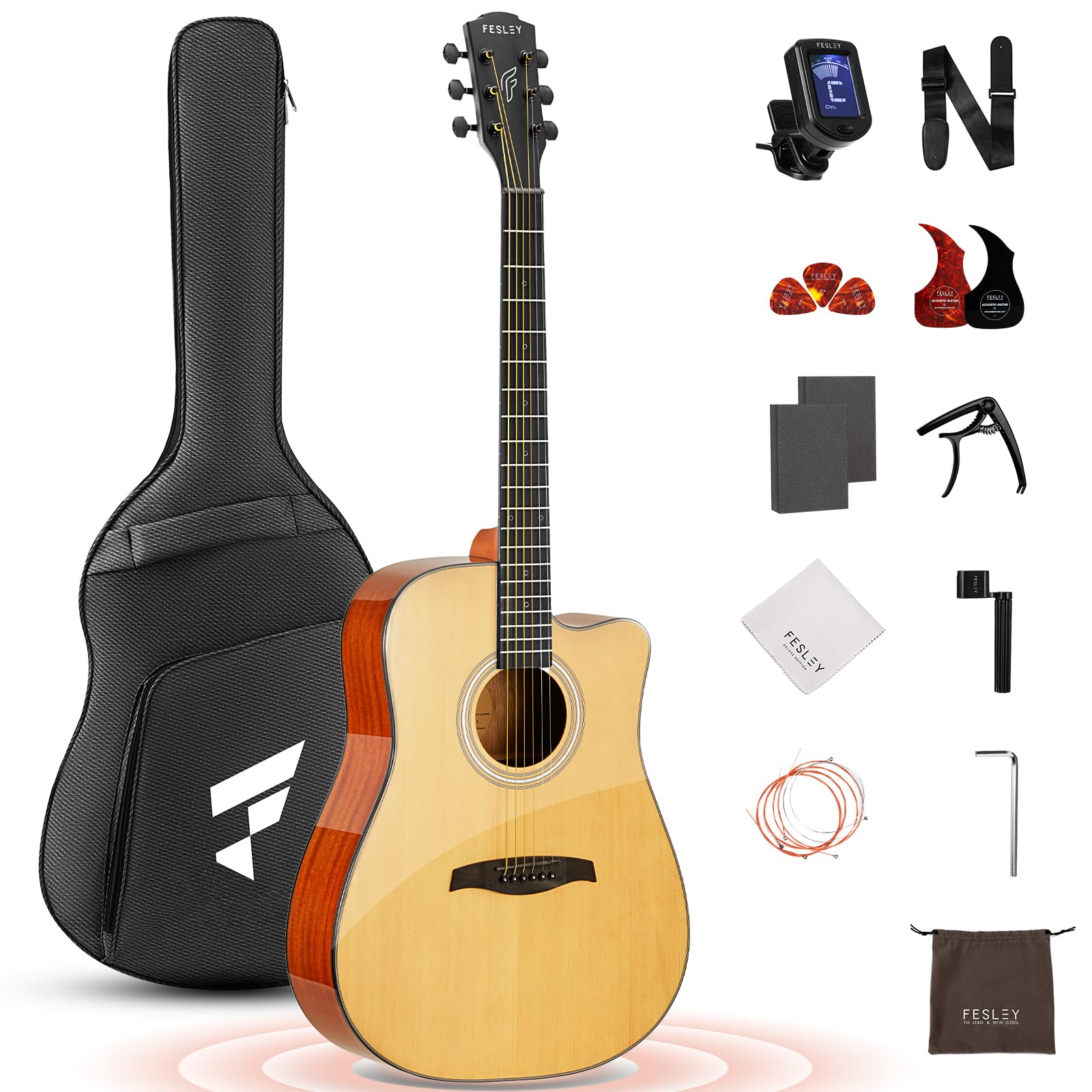 Fesley X Acoustic Guitar Kit, 41 Inch Full Size 6 String Cutaway Guitarra Ac  Stica For Beginner Adults With Tuner, Gig Bag, Str