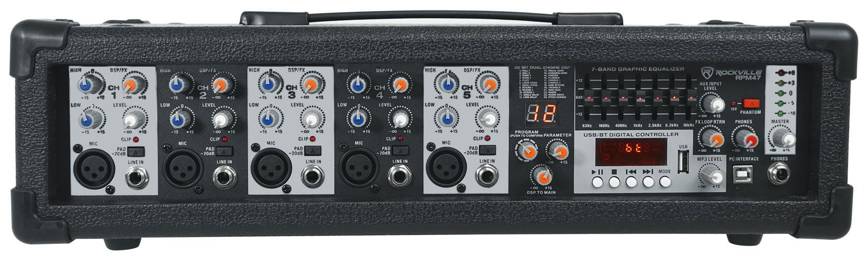 Rockville RPM47 1800w Powered 5 Channel Mixer Amplifier, 8 Ohm, Bluetooth, USB Interface, Digital Effects, 7-Band EQ, for Live B
