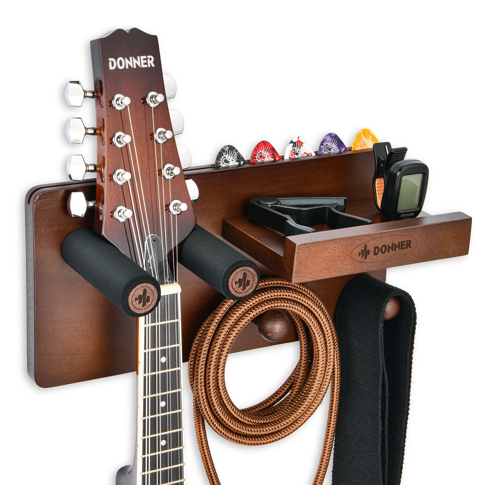 Donner Guitar Wall Mount Shelf, Guitar Wall Hanger With Storage Shelf, Pick Holder And 2 Hook, Guitar Wood Hanging Rack For Elec