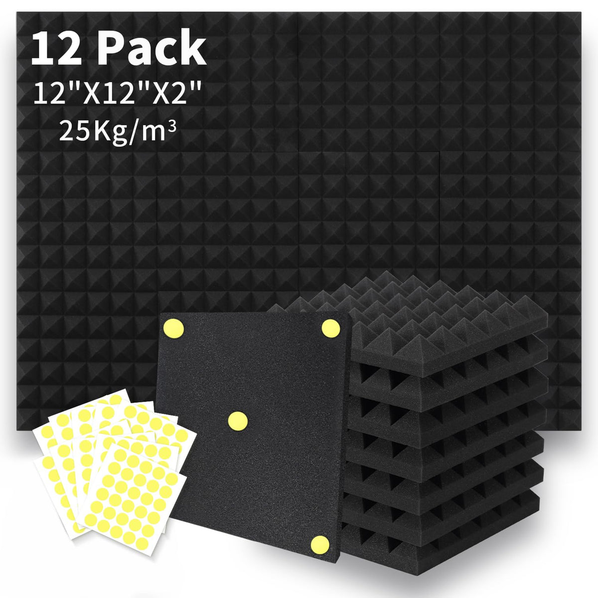 Focusound 12 Packs Acoustic Foam Panels Pyramid 2'' X 12'' X 12'', Soundproofing Foam Noise Cancelling Foam With 60 Pcs Double-S