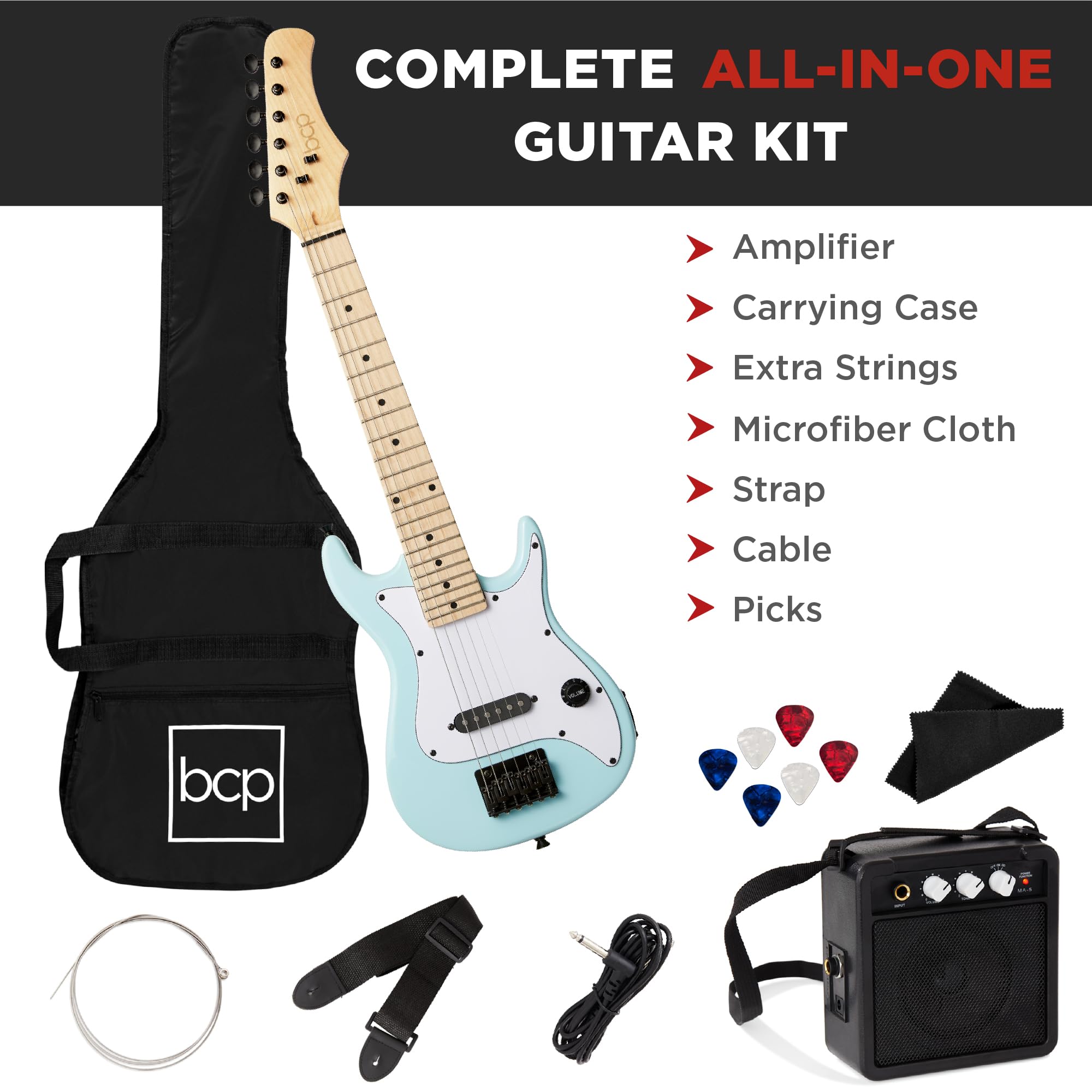 Best Choice Products 30in Kids Electric Guitar Beginner Starter Kit w/ 5W Amplifier, Strap, Gig Bag, Strings, Picks - Powder Blu