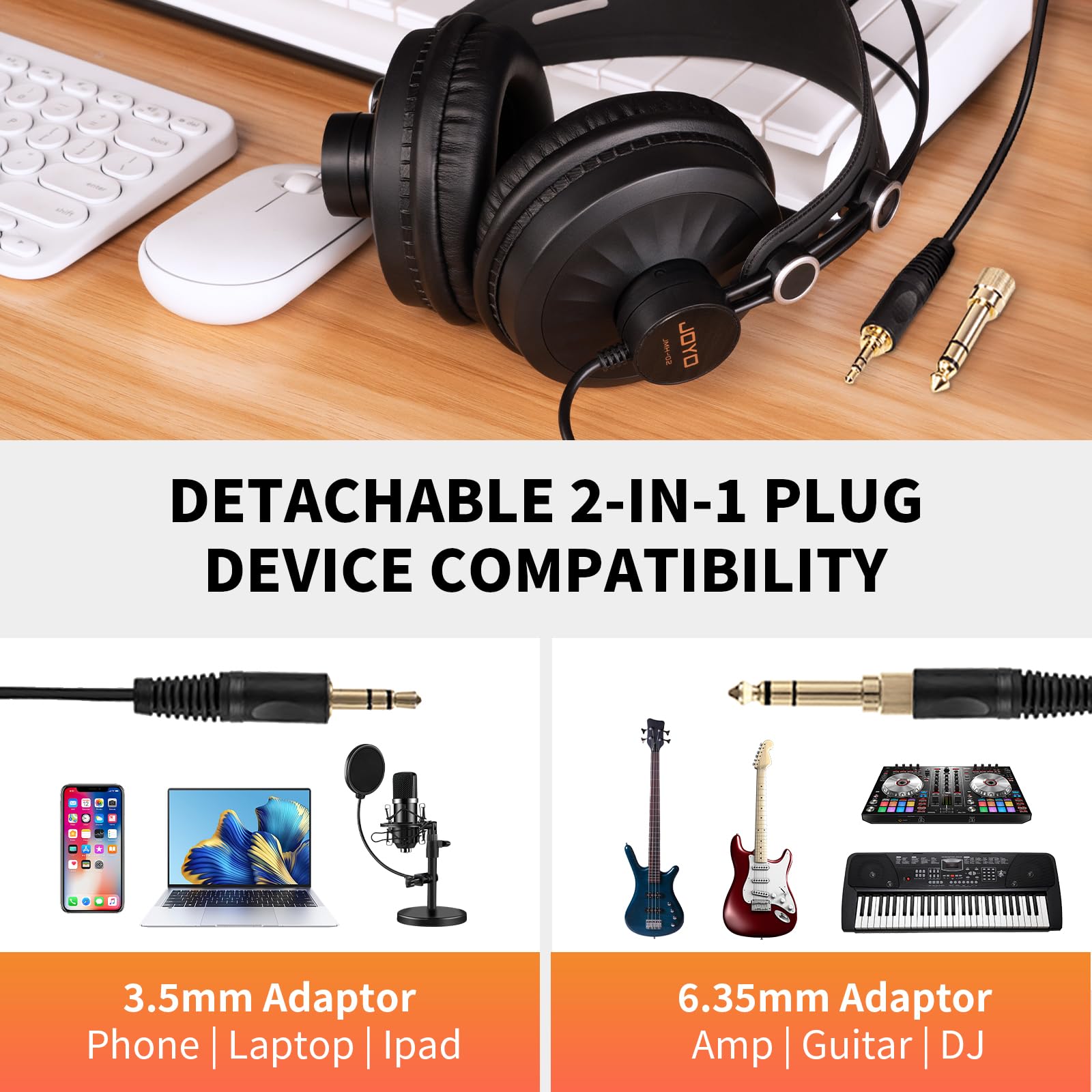 JOYO Studio Headphones Monitor Headphone for Recording Over Ear Noise Canceling for Guitar Cellphone Mixer Amplifier Podcast DJ