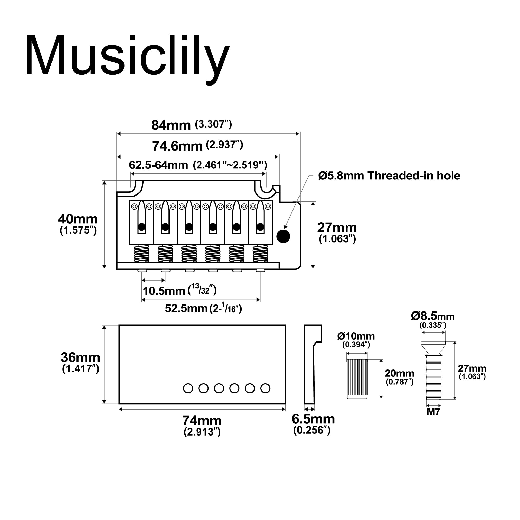 Musiclily Pro 52.5mm 2-Point Guitar Tremolo Bridge 36mm Short Zinc Block for Import Squier Strat Electric Guitar, Chrome