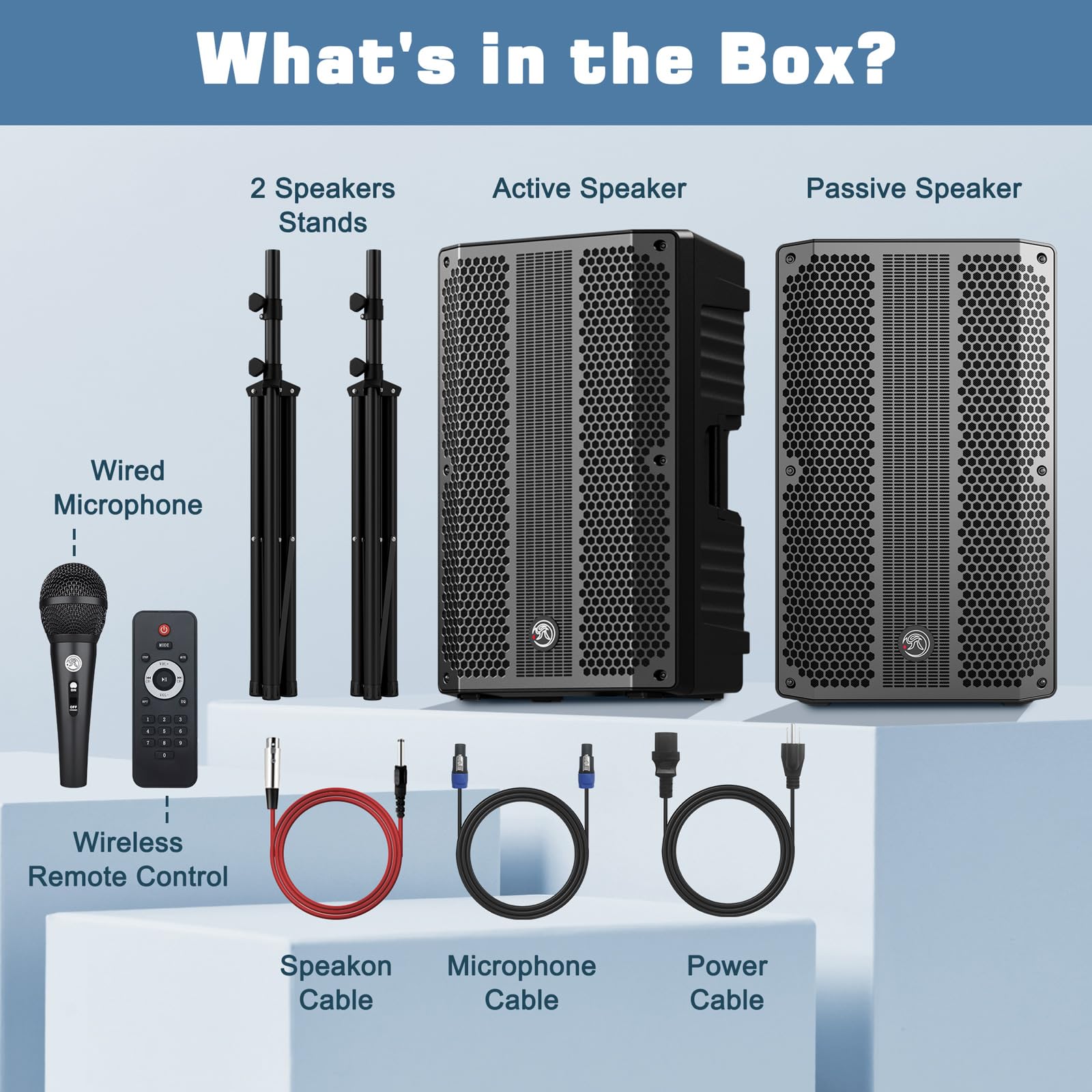 NBVOICE 15'' Active+Passive DJ/PA Speakers Package with Mic,2-Way Powered PA System Combo Set with Bluetooth/USB/FM Radio/2X Ste