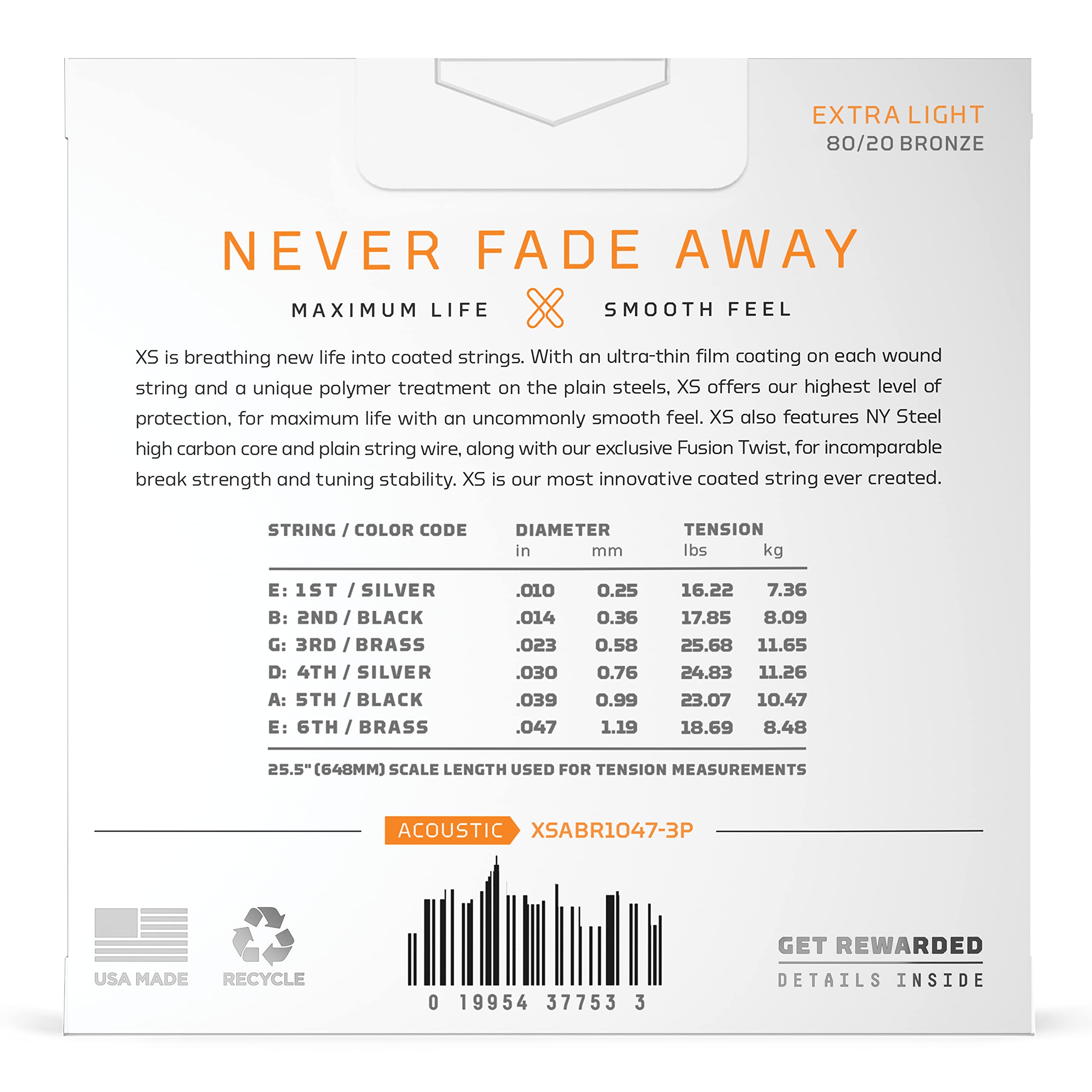 D'Addario Acoustic Guitar Strings, XS 80/20 Bronze Coated, XSABR1047-3P, Extra Light Gauge 10-47, 6-String Set, Pack of 3