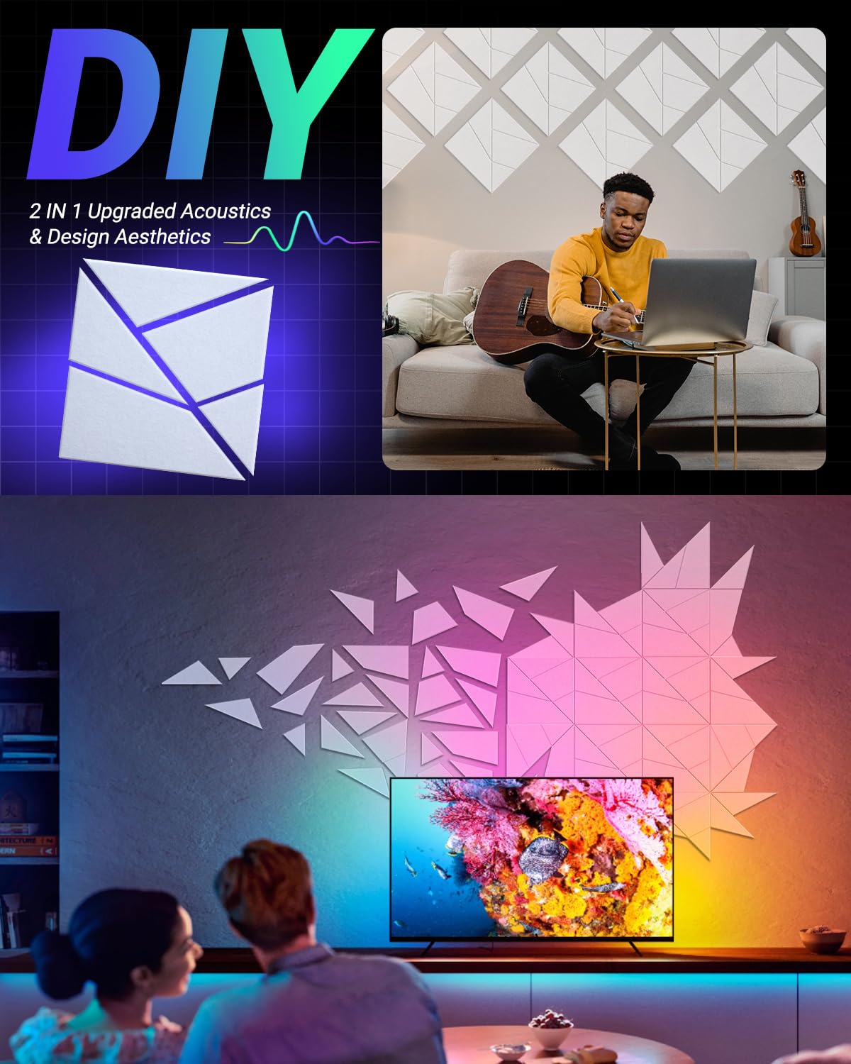 Topnaca 18 Pack Soundproof Wall Panels, Self Adhesive Sound Proof Foam Panels for Walls 12''x12''x0.4'', Dynamic Line Acoustic P