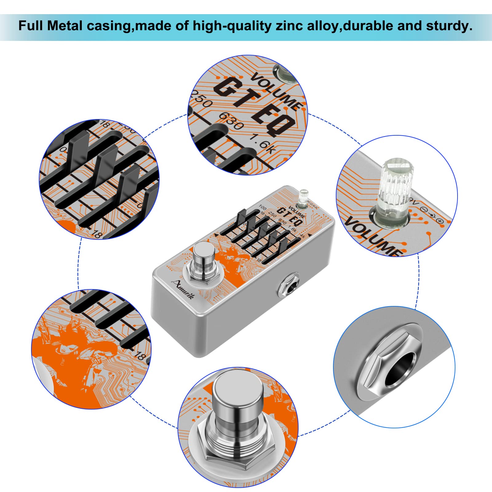 Amuzik EQ Pedal 5 Band Equalizer Effects Pedal Analog Graphic Equalization Guitar Effects Pedals 18dB Range