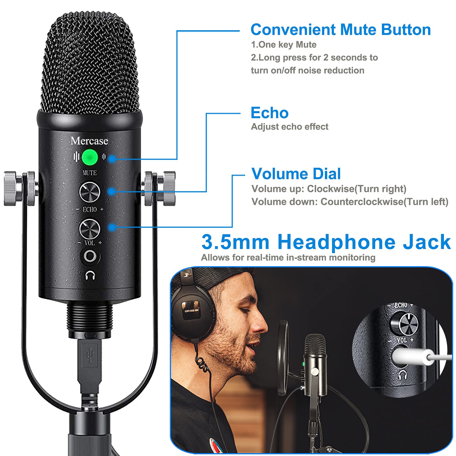 Mercase USB Condenser Microphone for Computer,Mac,Smartphone,PS4 and PS5, ASMR Mic with Noise Cancelling and Reverb, for Recordi