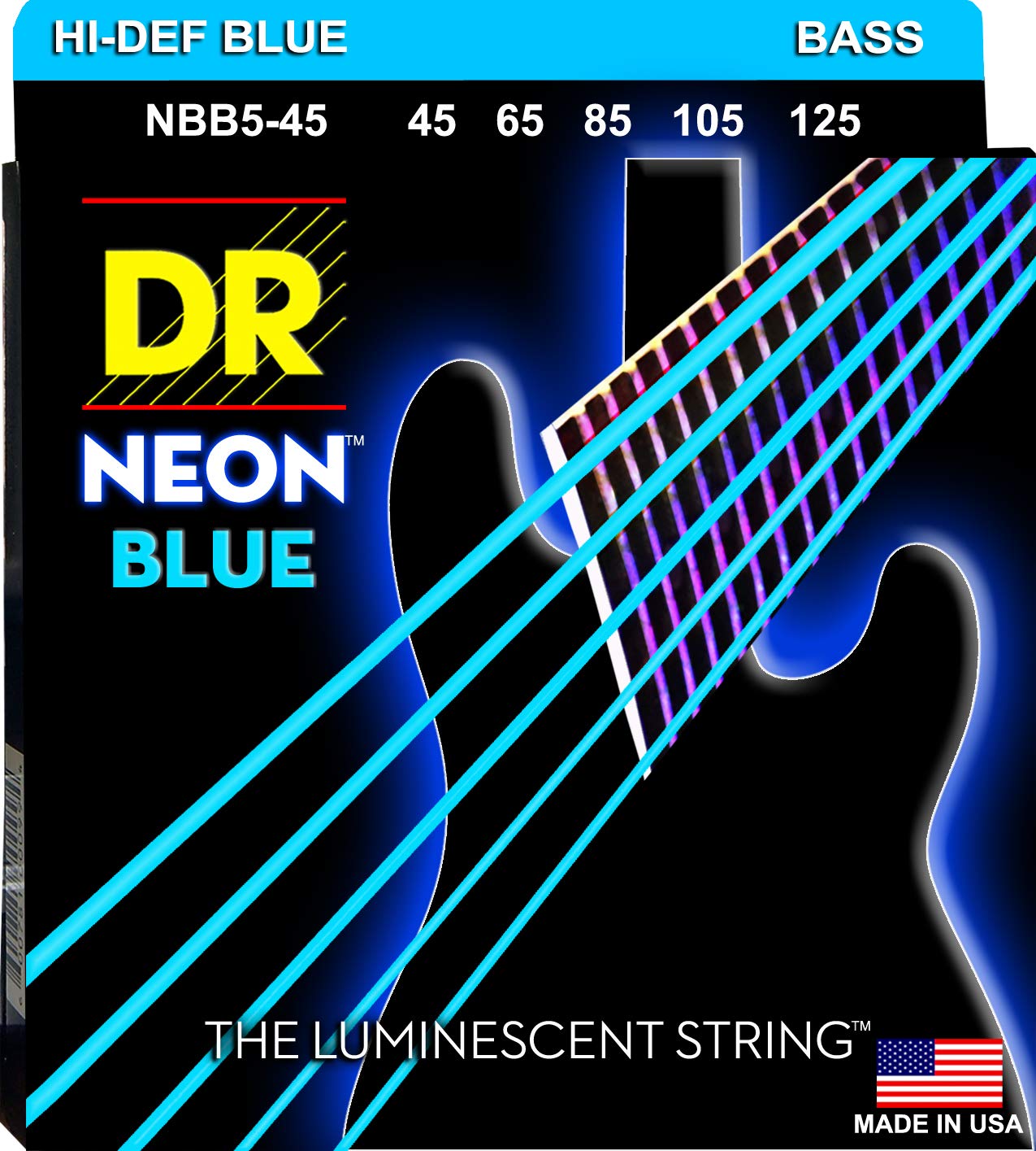 Dr Strings Nbb5-45 Hi-Def Neon Blue Colored Bass Strings, Medium 5-String, 45-125