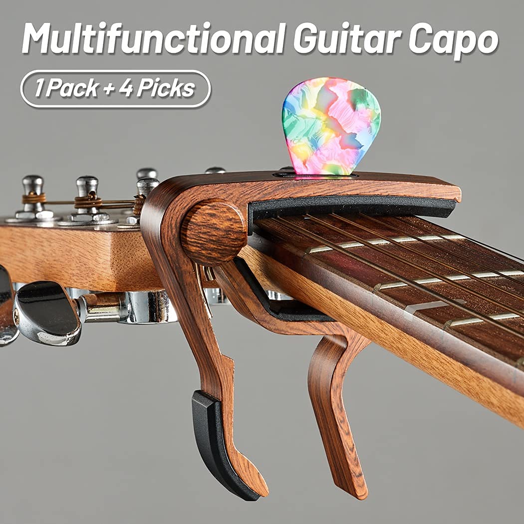 Capo,Guitar Capo,Rosewood Capo with Pick Holder and Picks for Acoustic Electric Guitar,Ukulele,Mandolin,Banjo