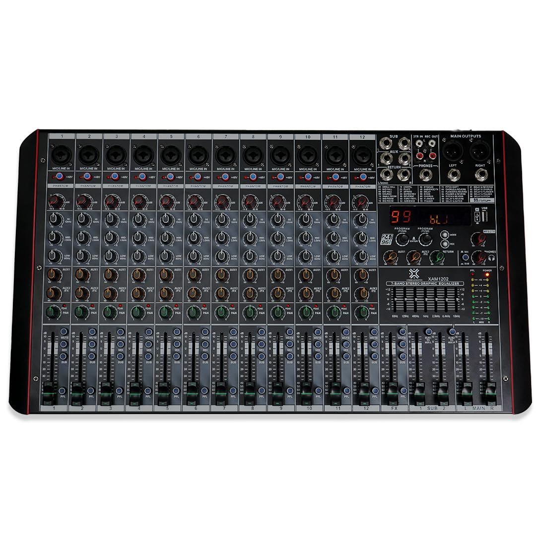 Xtreme Acoustics Xam1202 12-Channel Mixer Professional Audio Mixing Console With Hybrid Input Ports, Individual Phantom Power, D