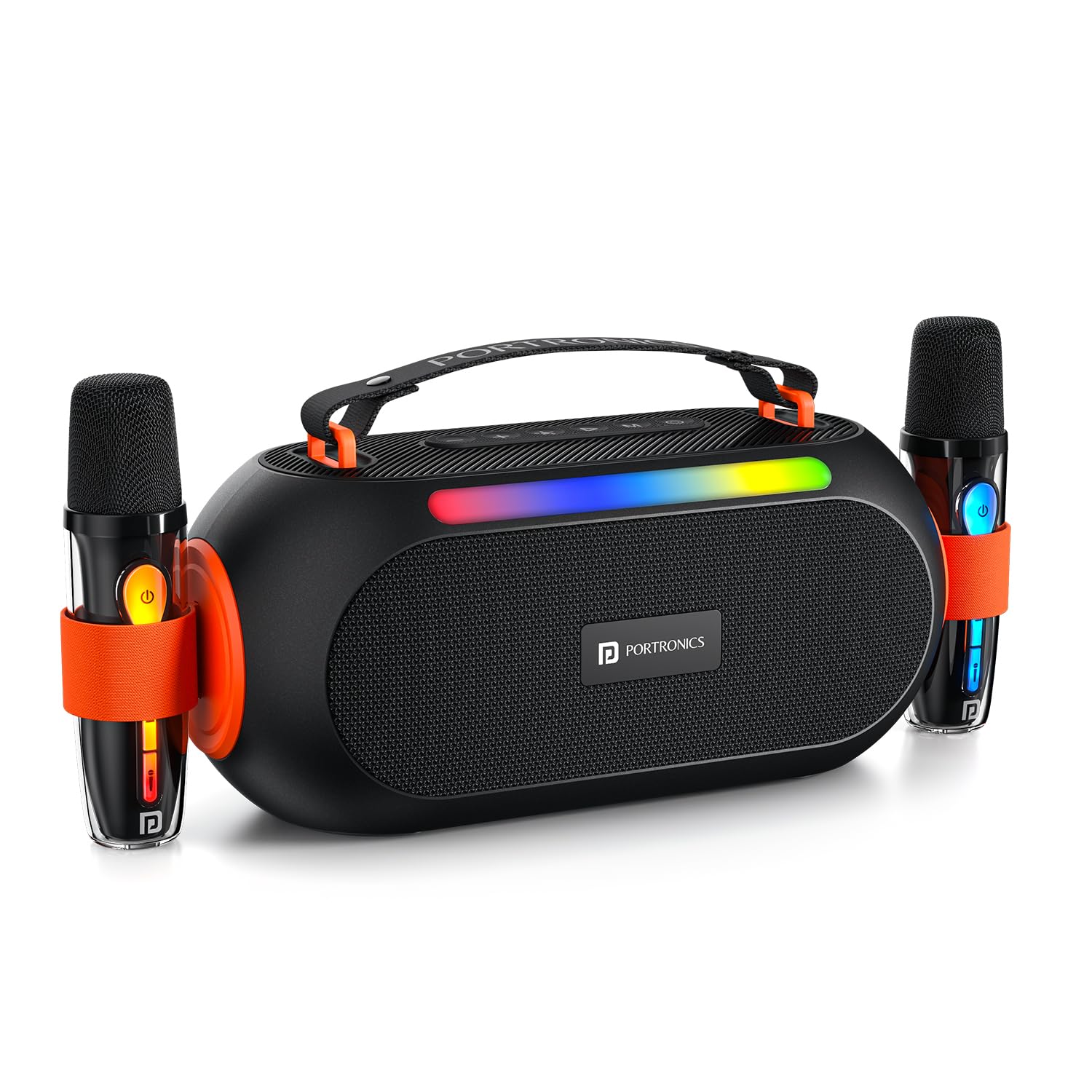 Portronics 25W Apollo 20 Wireless Bluetooth Portable Speaker With Dual Wireless Karaoke Mic, 5 Hour Playtime, Rgb Led Light, Blu