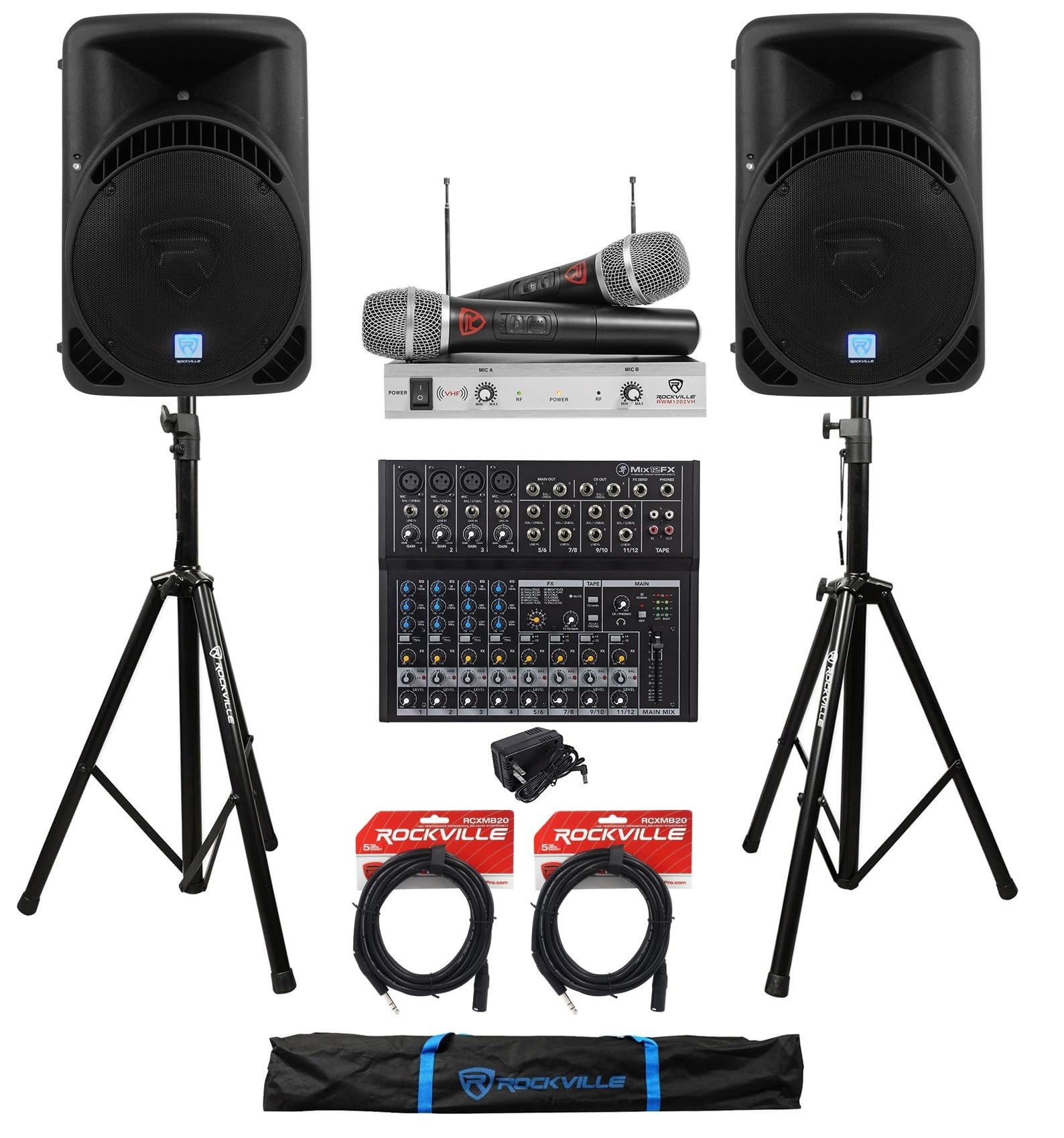 Audiosavings Bundle: (2) Rockville RPG15BT V2 15 1000W Bluetooth Speakers+(1) Mackie Mix12FX 12-Ch Mixer+(2) RVSS2 Tripod Stands