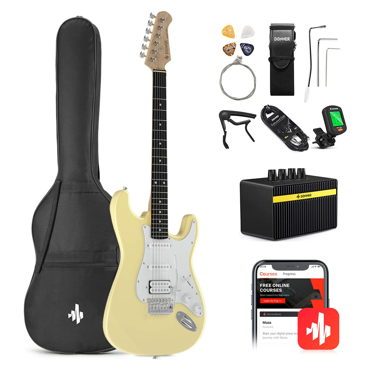Donner Dst-100W 39 Inch Electric Guitar Beginner Kit Solid Body Full Size Yellow Hss Pick Up For Starter, With Amplifier, Bag, D