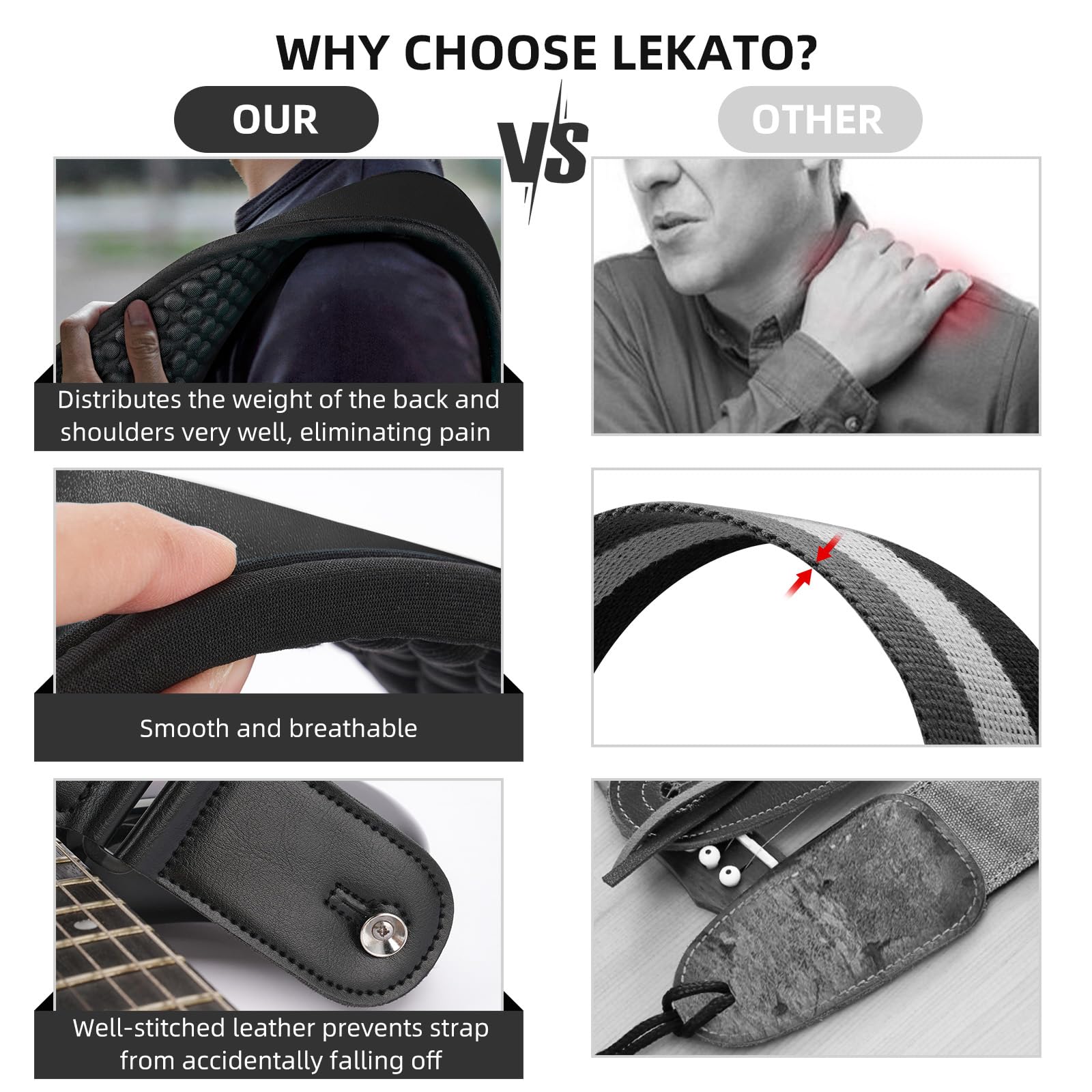 LEKATO Guitar Straps for Electric Guitar Bass, 3'' Wide Padded Guitar Strap Neoprene Pad with 3D Sponge Filling Bass Guitar Stra