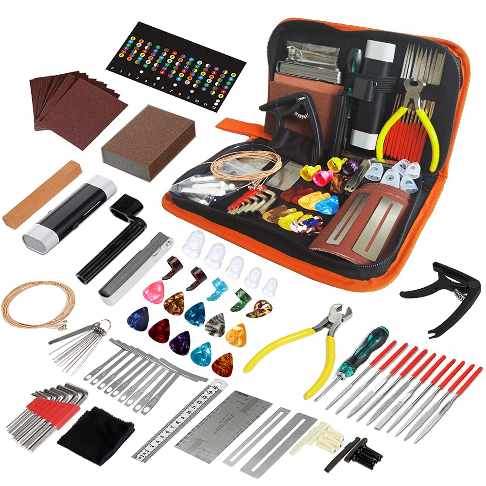 99PCS Professional Guitar Repairing & Maintenance Tool Kit with Capo, Strings, Picks, Bridge Pins, Gauge, Accessories - Gift for