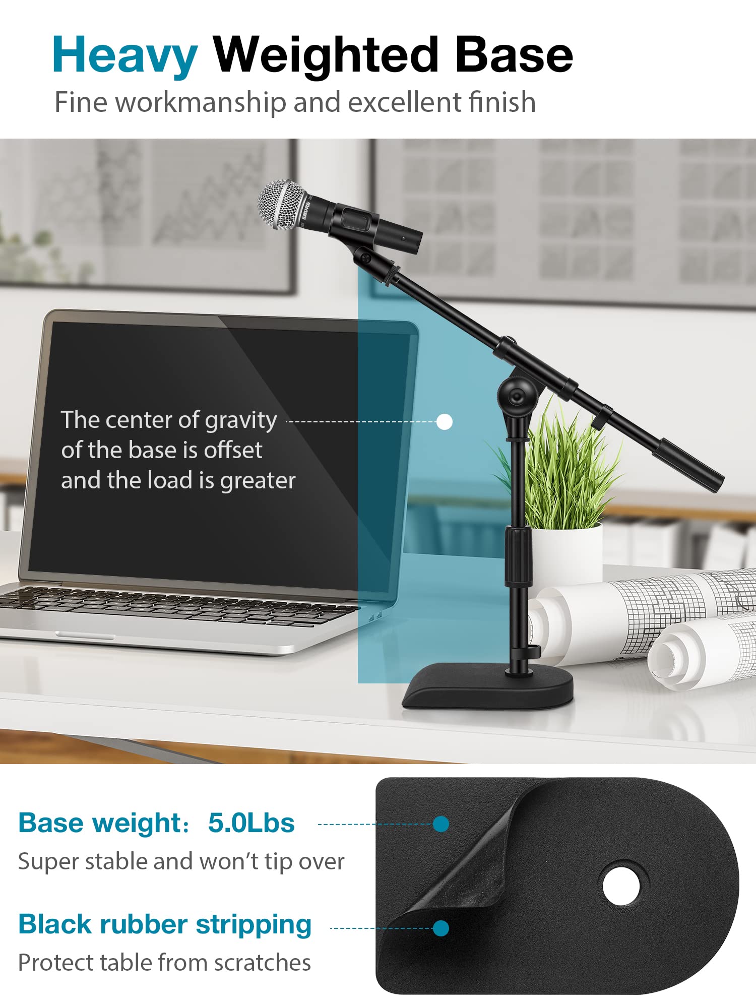 InnoGear Adjustable Desk Microphone Stand, Weighted Base with Soft Grip Twist Clutch, Boom Arm, 3/8'' and 5/8'' Threaded Mounts