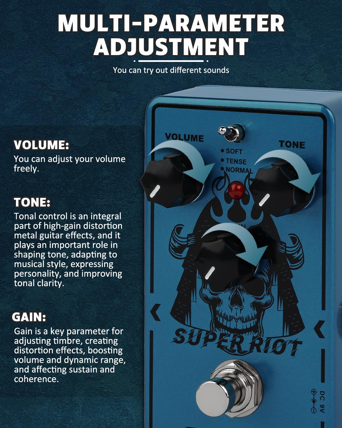 STRICH SUPER RIOT High Gain Distortion Pedal for Electric Guitar, Compact and Mini Design, True Bypass, 3 Control Knobs, Volume,