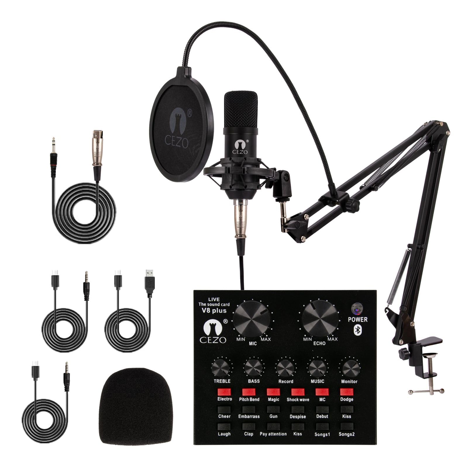 Cezo Condenser Microphone Podcast Equipment Bundle Bm 800 With V8 Sound Card, Audio Interface With Podcast Microphone, Studio Eq