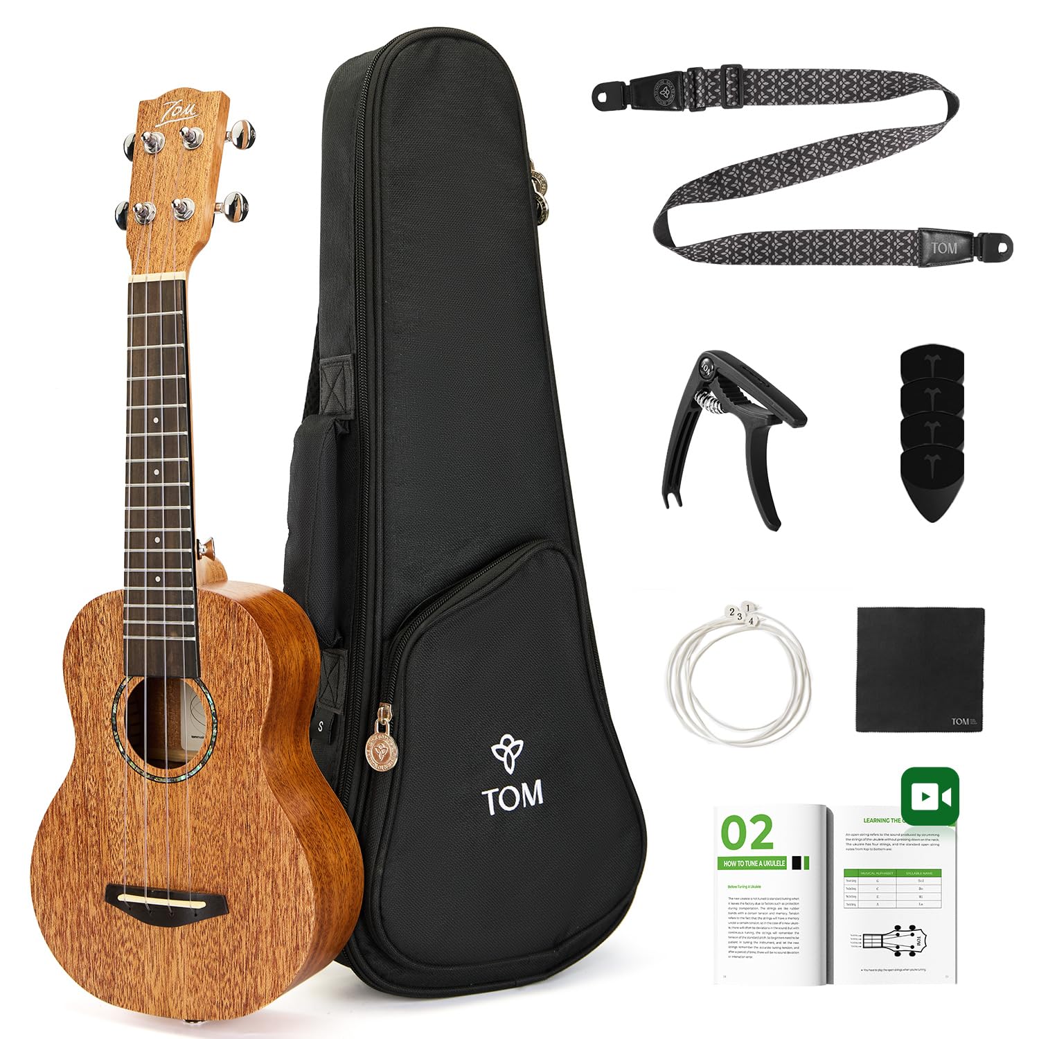TOM 21 Soprano Ukulele -Full Beginner Kit Includes Quick Locking Strap, Solid Top Mahogany Professional Ukelele for Kids & Adult