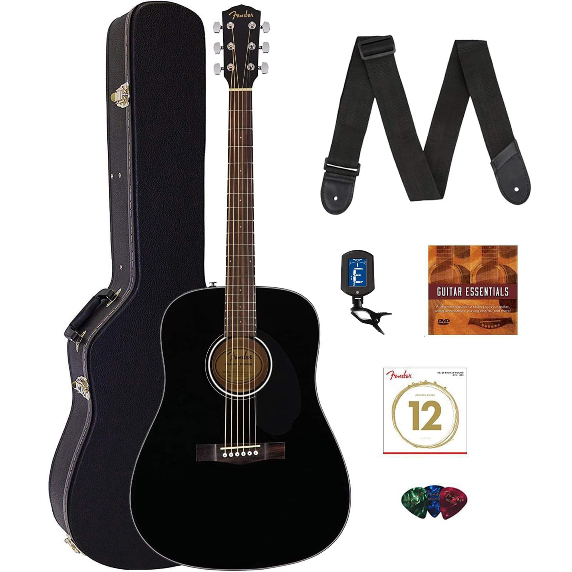 Fender Cd-60S Solid Top Dreadnought Acoustic Guitar - Black Bundle With Hard Case, Tuner, Strap, Strings, Picks, And Austin Baza