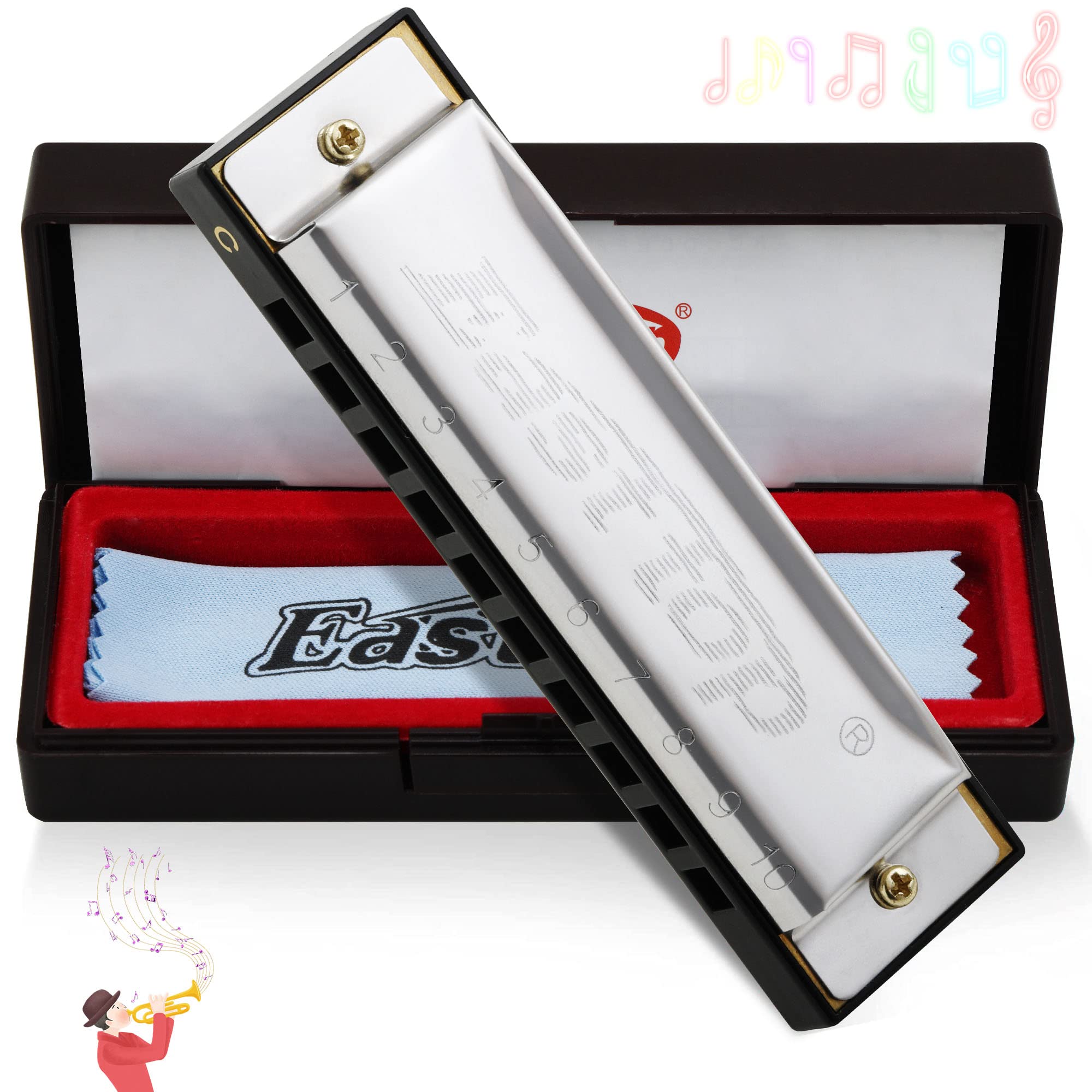 East top Harmonica, C Key Blues Harmonica for Beginners and Adults, Kids and Teenagers,10 Holes Mouth Organ Blues Harp For Stude