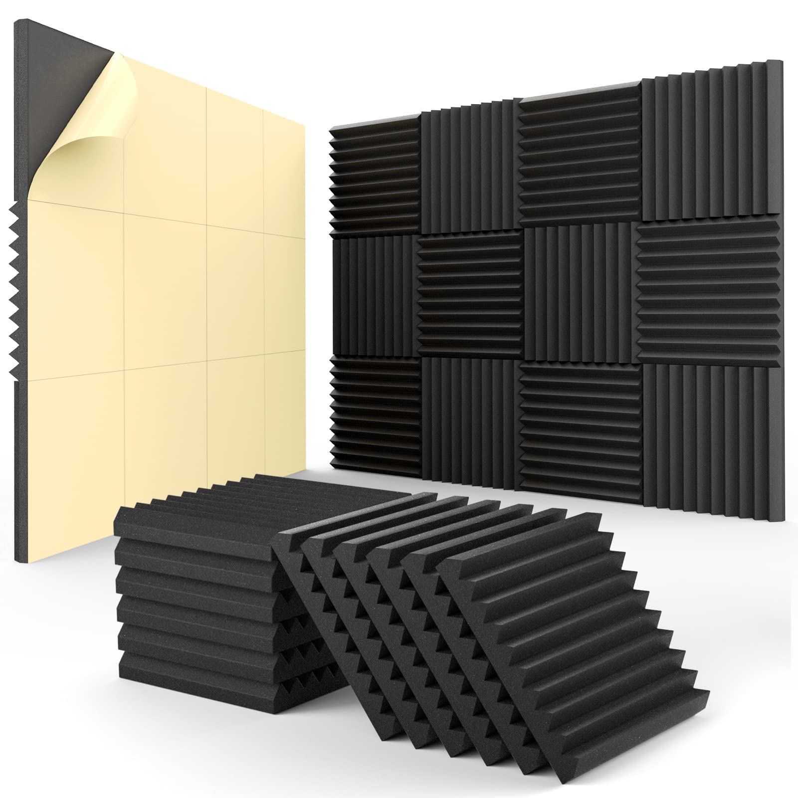 12 Pack Acoustic Panels Self-Adhesive, 1'' X 12'' X 12'' Quick-Recovery Sound Proof Foam Panels, Acoustic Foam Wedges High Densi
