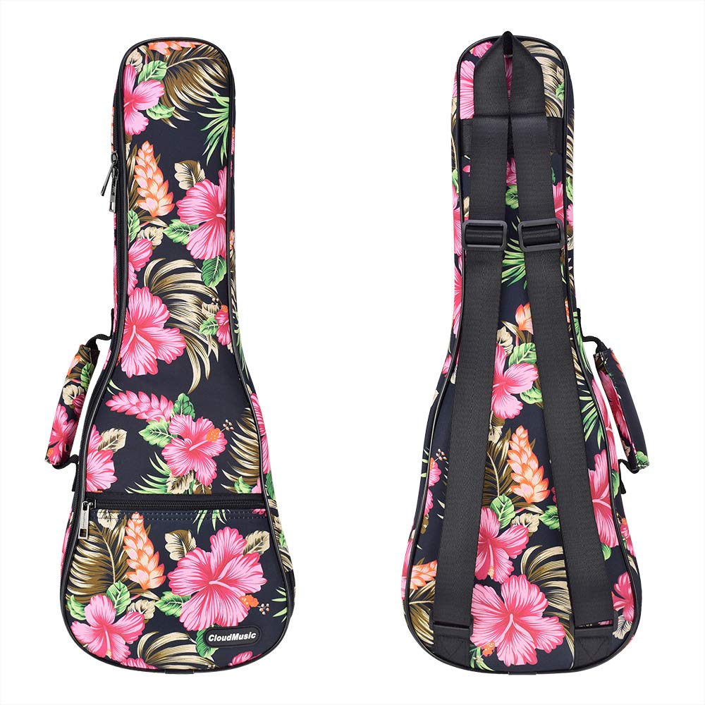CLOUDMUSIC Ukulele Case Gig Bag Padded Backpack For Concert 23 Inch(Concert, Hawaii Hibiscus And Palm In Black)