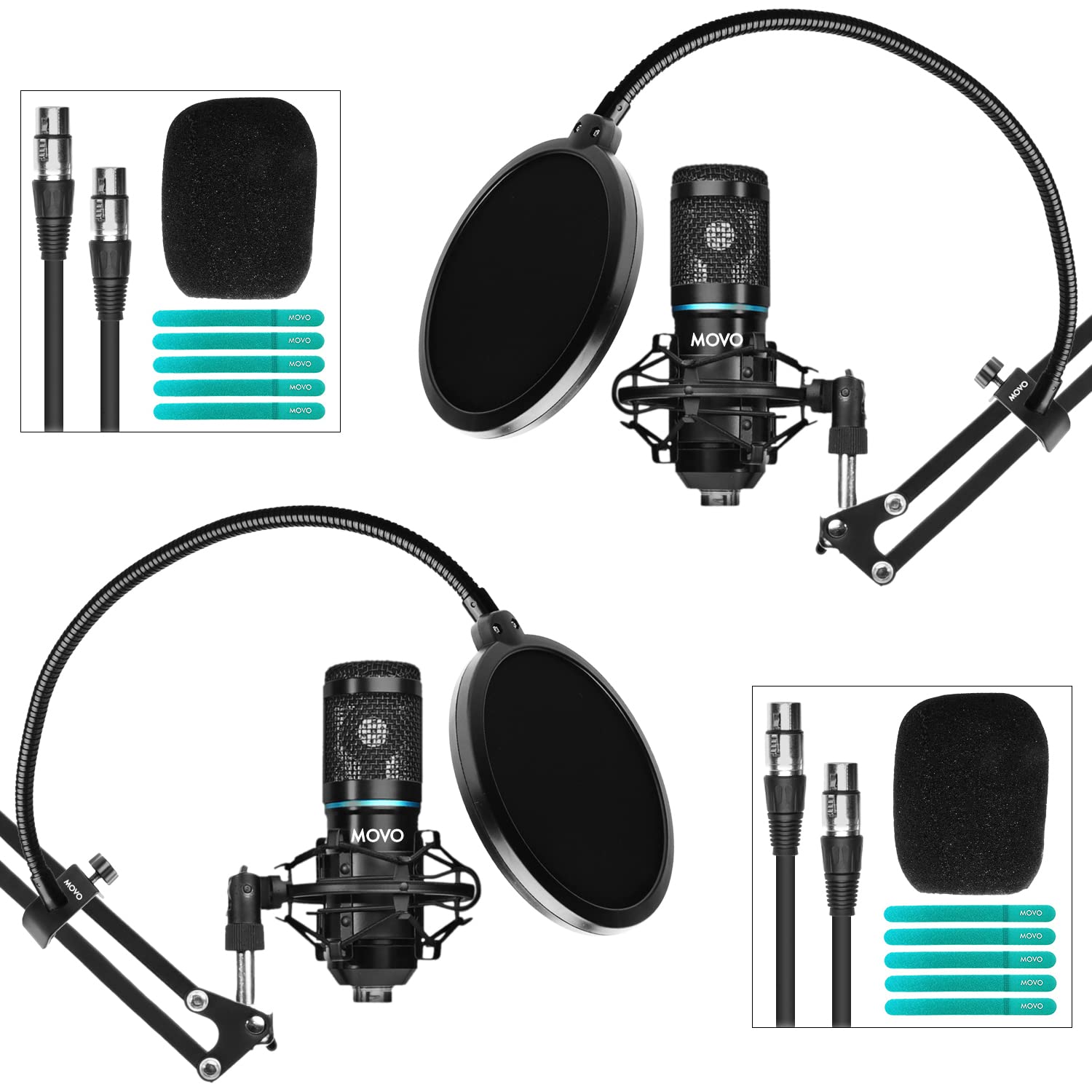 Movo Podpak2A 2-Pack Universal Cardioid Condenser Microphone Kit With Articulating Scissor Arm Mic Stand, Shock Mount, And Goose