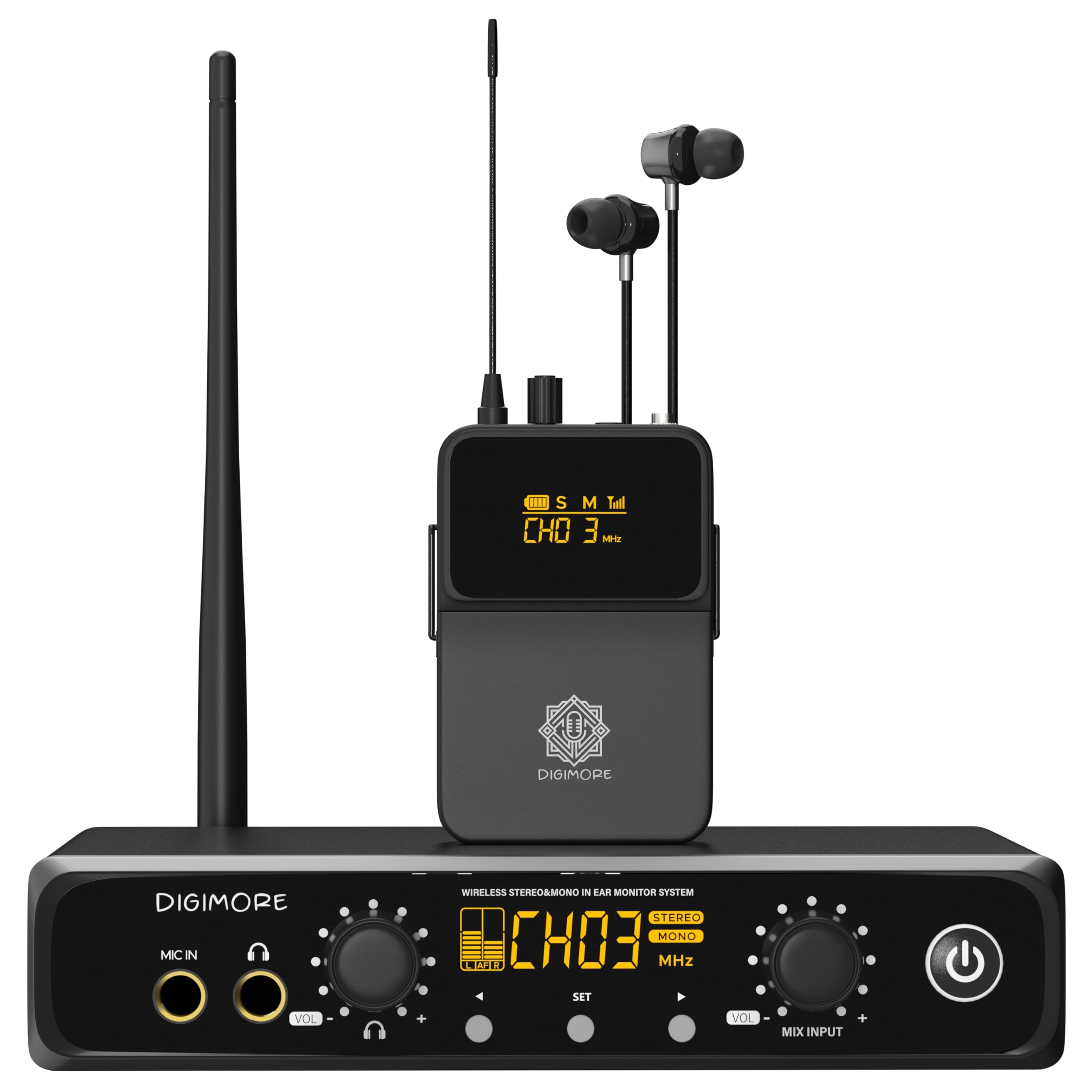 Digimore Uhf Wireless In-Ear Monitor System With Earphones | 328 Ft Range | Rack Mount | Professional Stereo Sound Transmitter |