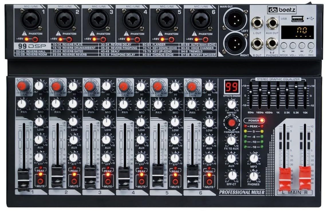 Dabeatz MX06 6 Channel Audio Mixer with 6XLR/6.35mm Inputs, Bluetooth, USB/PC/MP3 Playback, 99 DSP Effects, 7-Band EQ, Mute, Rec