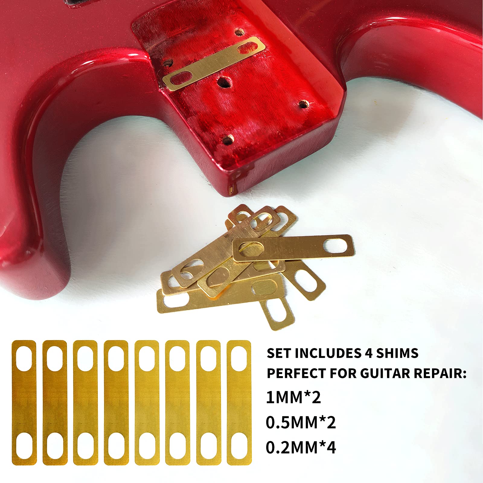 8PCS SAPHUE Guitar Neck Shims 4Pcs 0.2mm, 2Pcs 0.5mm and 2Pcs 1mm Thickness Brass Shims for Guitar and Bass Bolt-on Neck Repair(