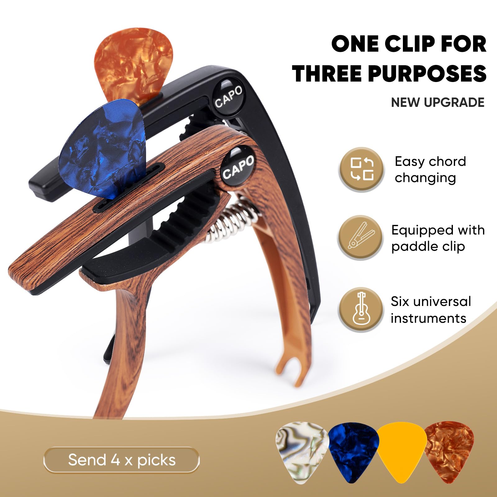 Guitar Capo, 3in1 Zinc Metal Capo for Acoustic and Electric Guitars (with Pick Holder and 4Picks),Ukulele,Mandolin,Banjo,Guitar