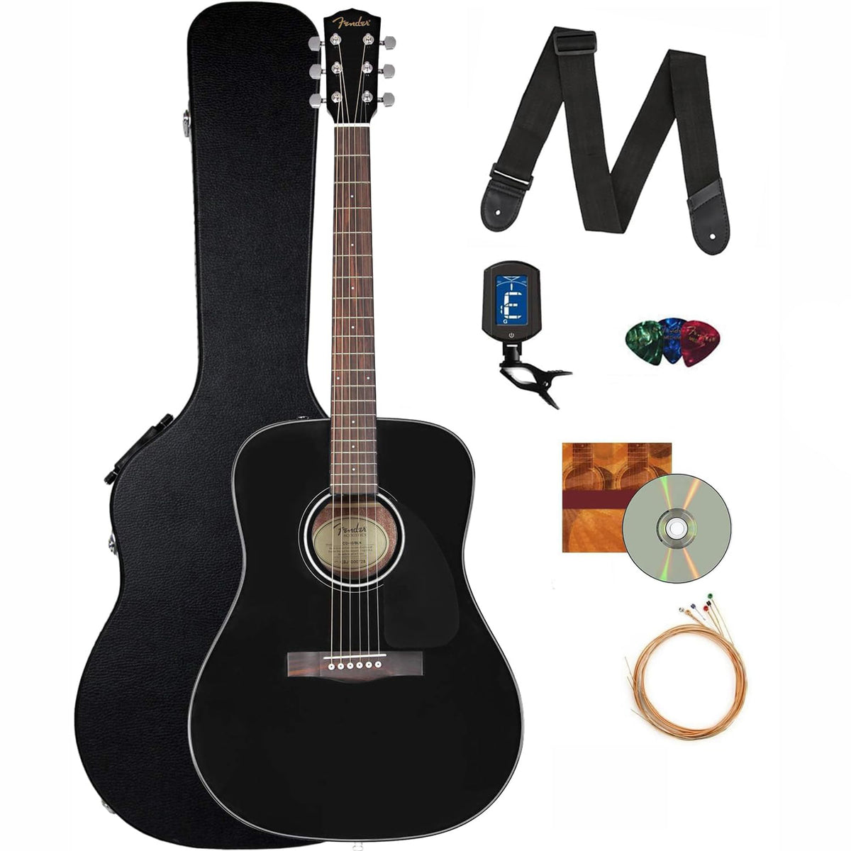 Fender Cd-60 Dreadnought Acoustic Guitar - Black Bundle With Hard Case, Strap, Tuner, Strings, Picks, Instructional Book, Online