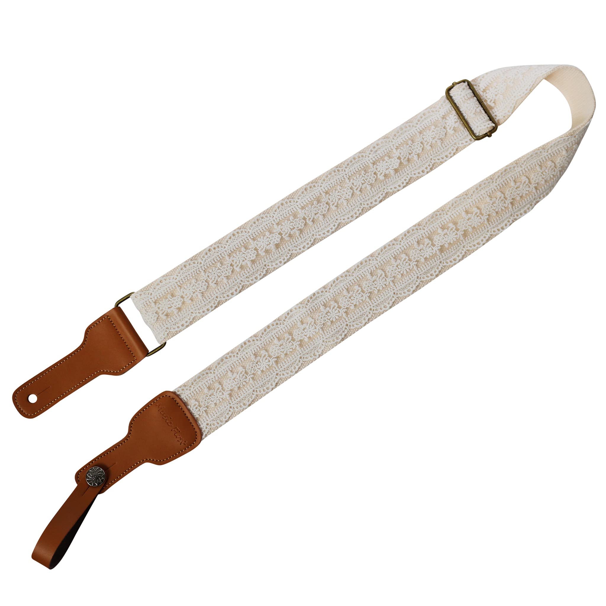 MUSIC FIRST Original Design, 2 inch width (5cm), White Graceful & Vintage''Lace'' Soft Lace & Genuine Leather Delux Guitar Strap
