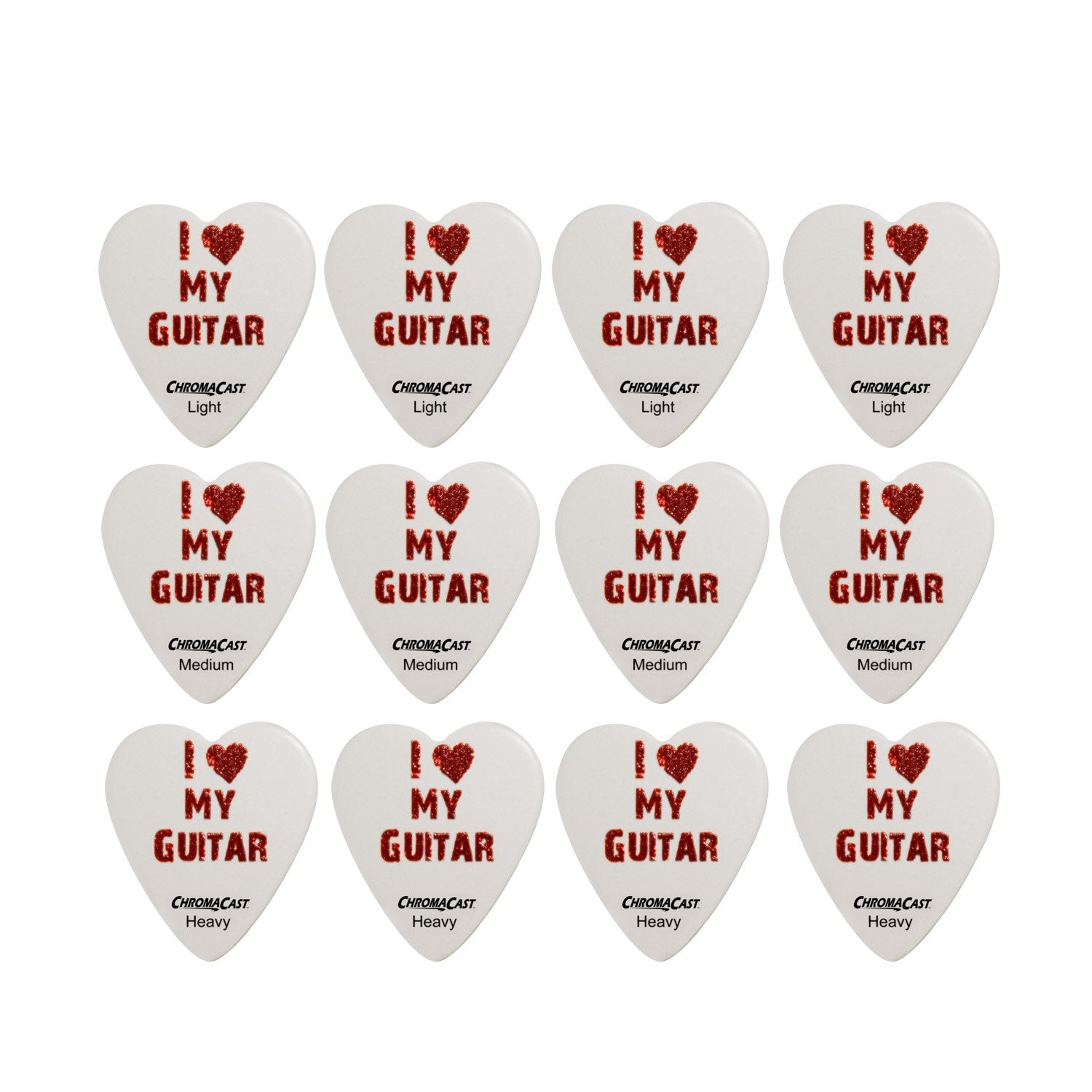 Chromacast Cc-Hs-Lg-12-Pack ''I Love My Guitar'' Heart Shaped Pick - 12-Pack In Light, Medium And Heavy Gauge