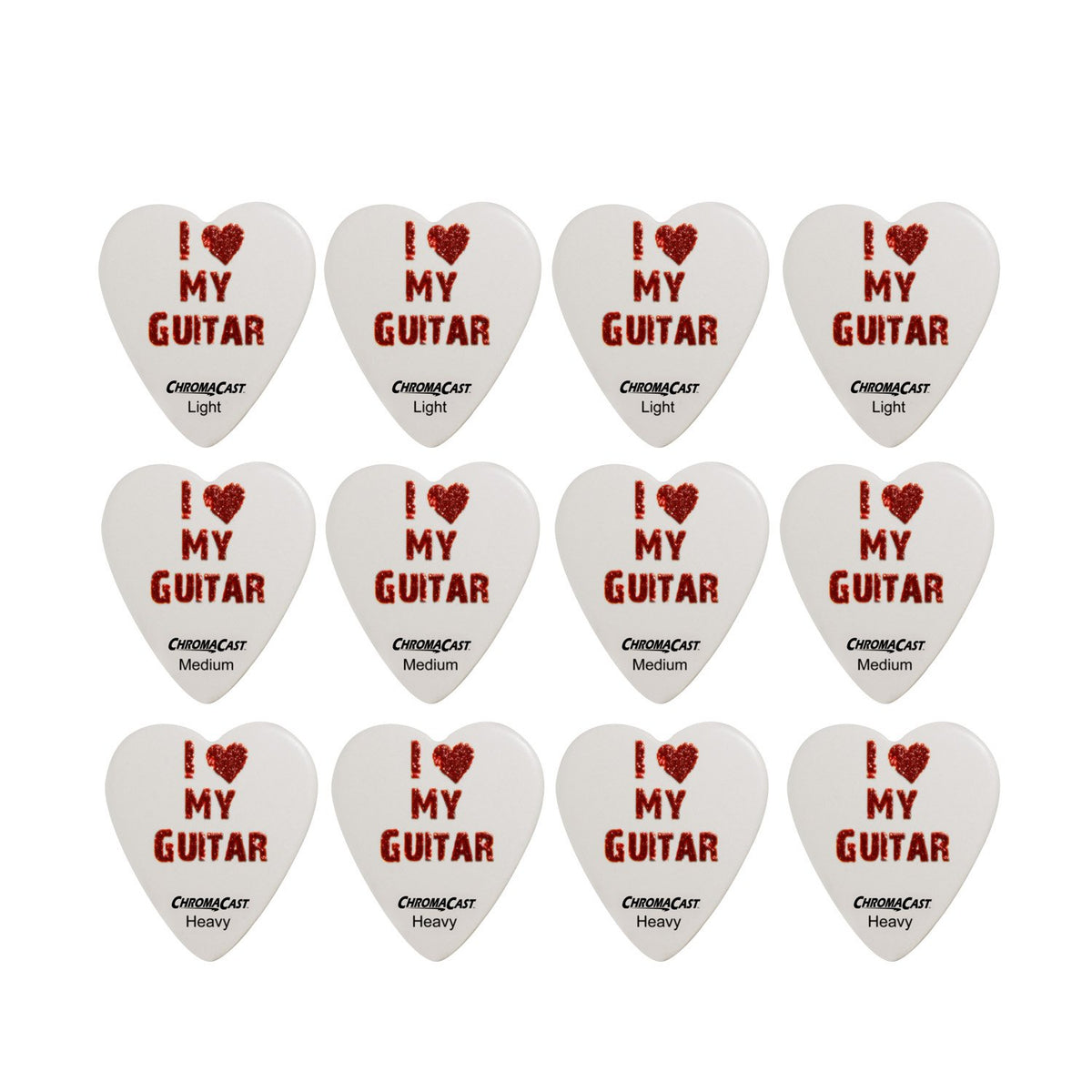 Chromacast Cc-Hs-Lg-12-Pack ''I Love My Guitar'' Heart Shaped Pick - 12-Pack In Light, Medium And Heavy Gauge
