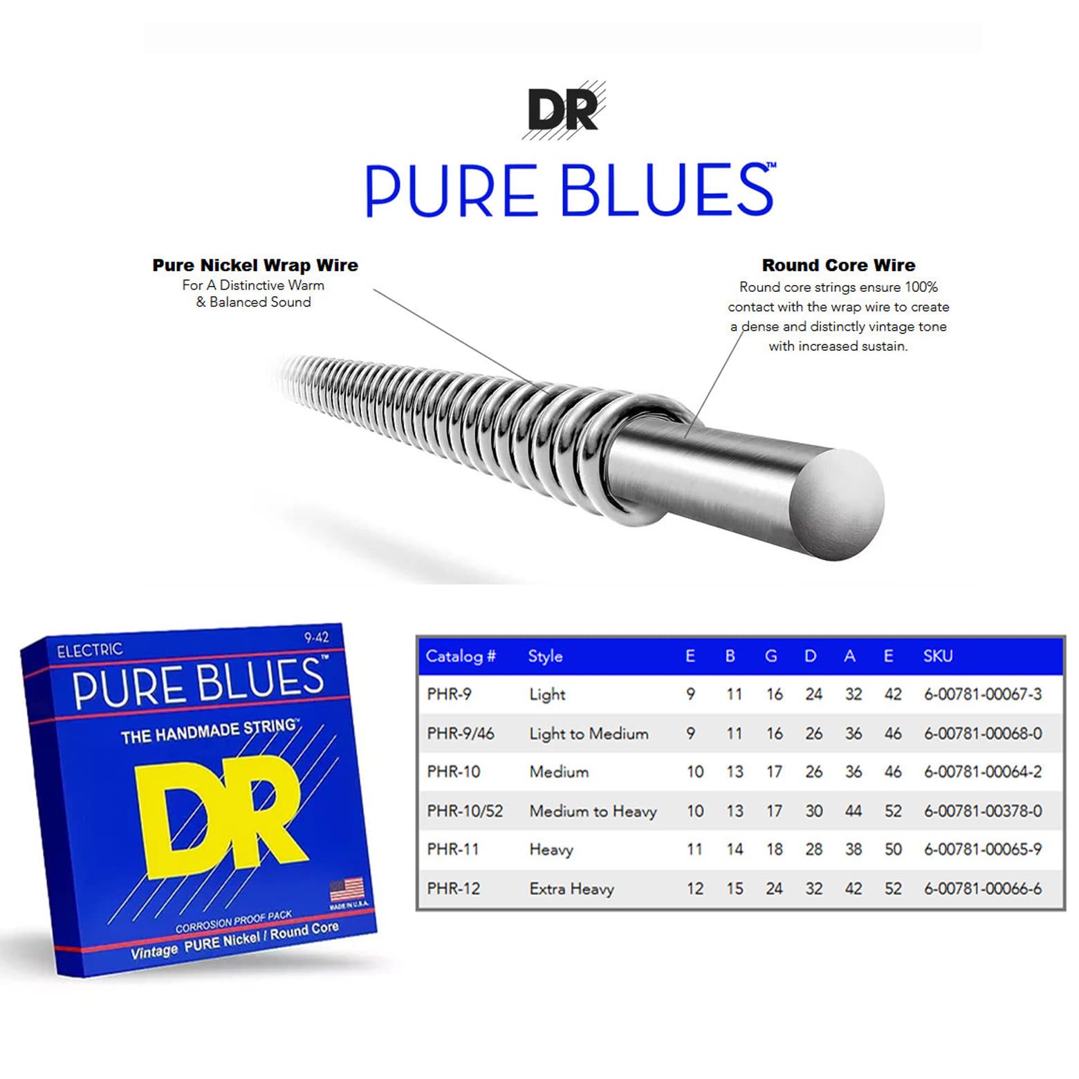 DR Strings Pure Blues Pure Nickel Wrap Round Core 11-50
