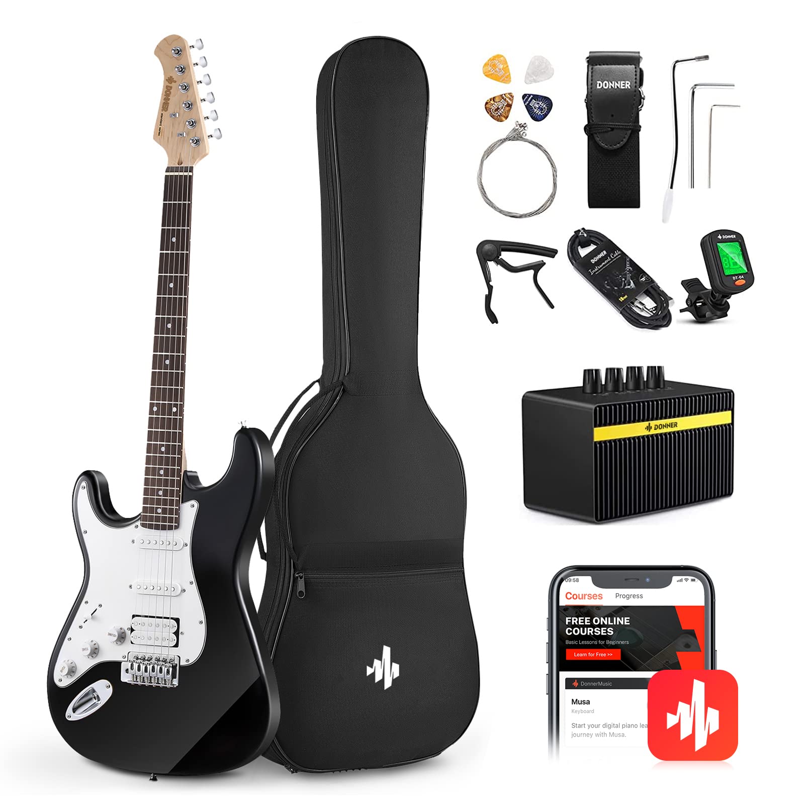 Donner 39 Inch Left-Handed Electric Guitar Kit Solid Body Black Lefty Beginner Set Full-Size With Amplifier Online Lesson Bag Di