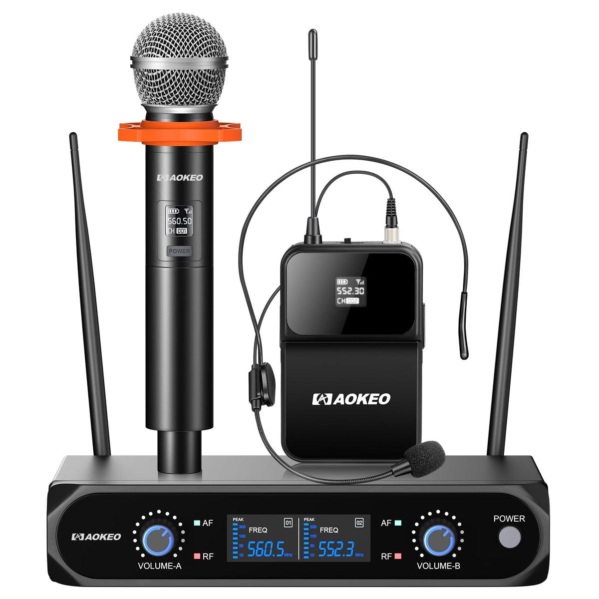 Aokeo Wireless Microphone System,Metal Wireless Mic Set With Handheld Microphone/Bodypack/Headset,2 X 30 Uhf Frequencies, Cordle