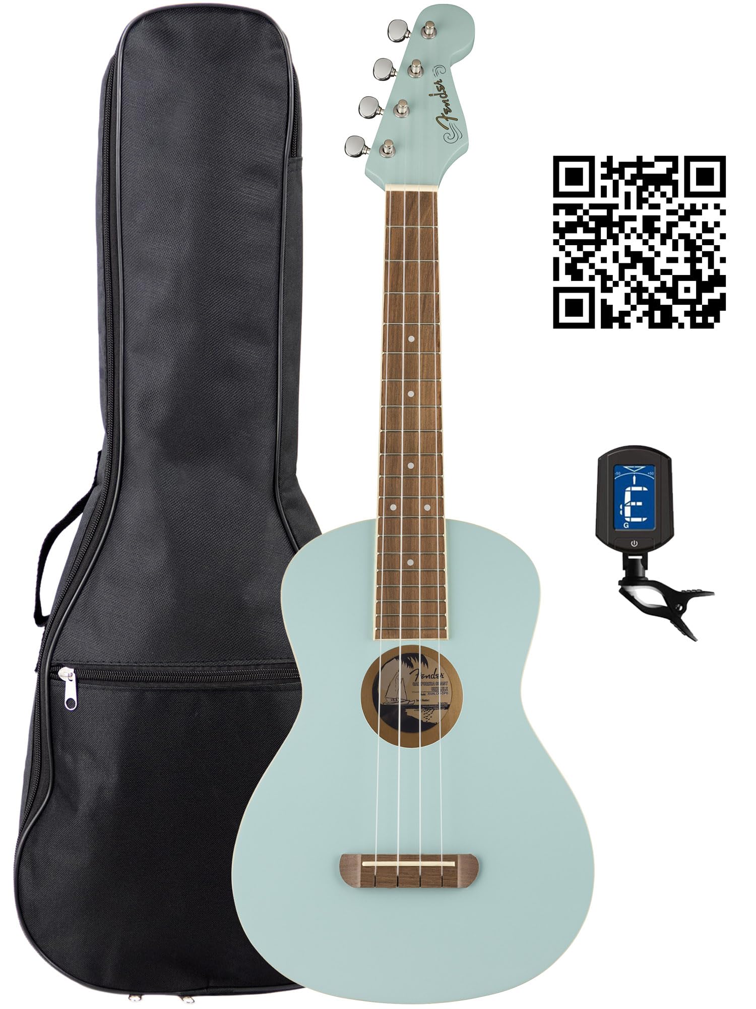 Fender Avalon Tenor Ukulele - Daphne Blue Bundle with Gig Bag, Tuner, and Austin Bazaar Instructional Video