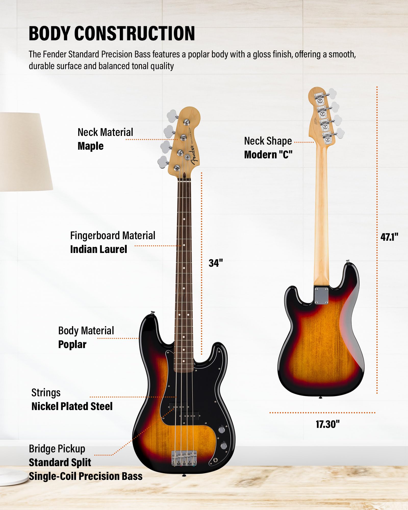 Fender Standard Precision Bass - 3-Color Sunburst Bundle with Strap, Guitar Cleaning Kit, and Austin Bazaar Instructional Video