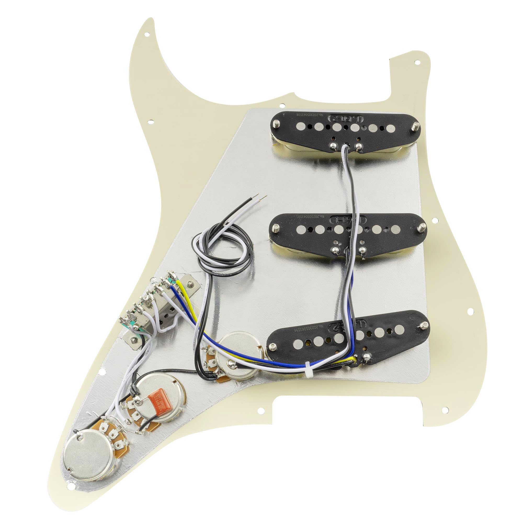 Musiclily Pro-SE ST-60SE Pre-wired SSS Pickguard with Staggered Alnico 5 Pickups for Strat Style Electric Guitar, 4Ply Aged Whit