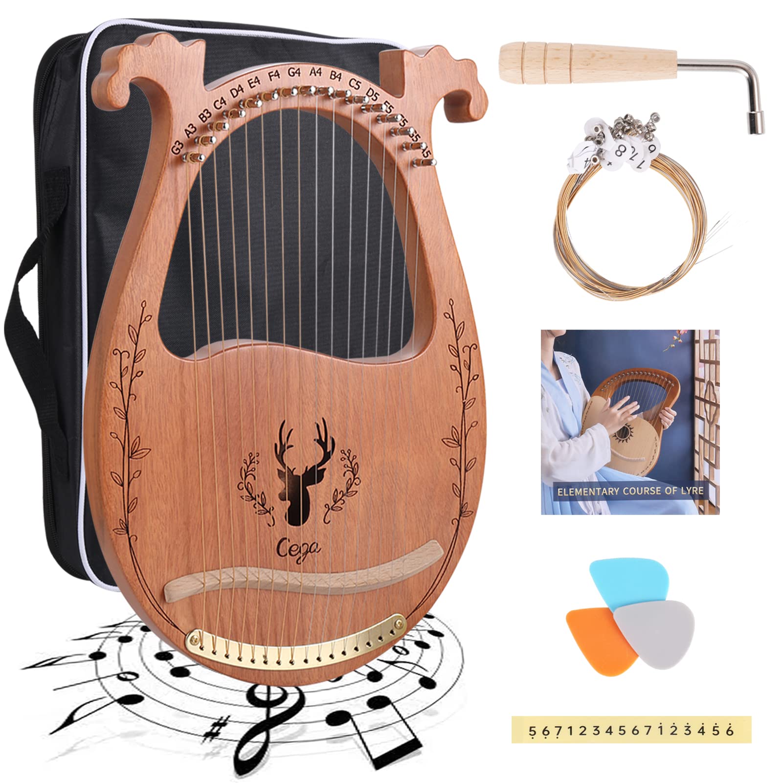 Lyre Harp, 16 Strings Mahogany Acoustic Harp with Extra Strings, Picks, Tuning Lever, Black Gig Bag, Beginners Manual for Lyre