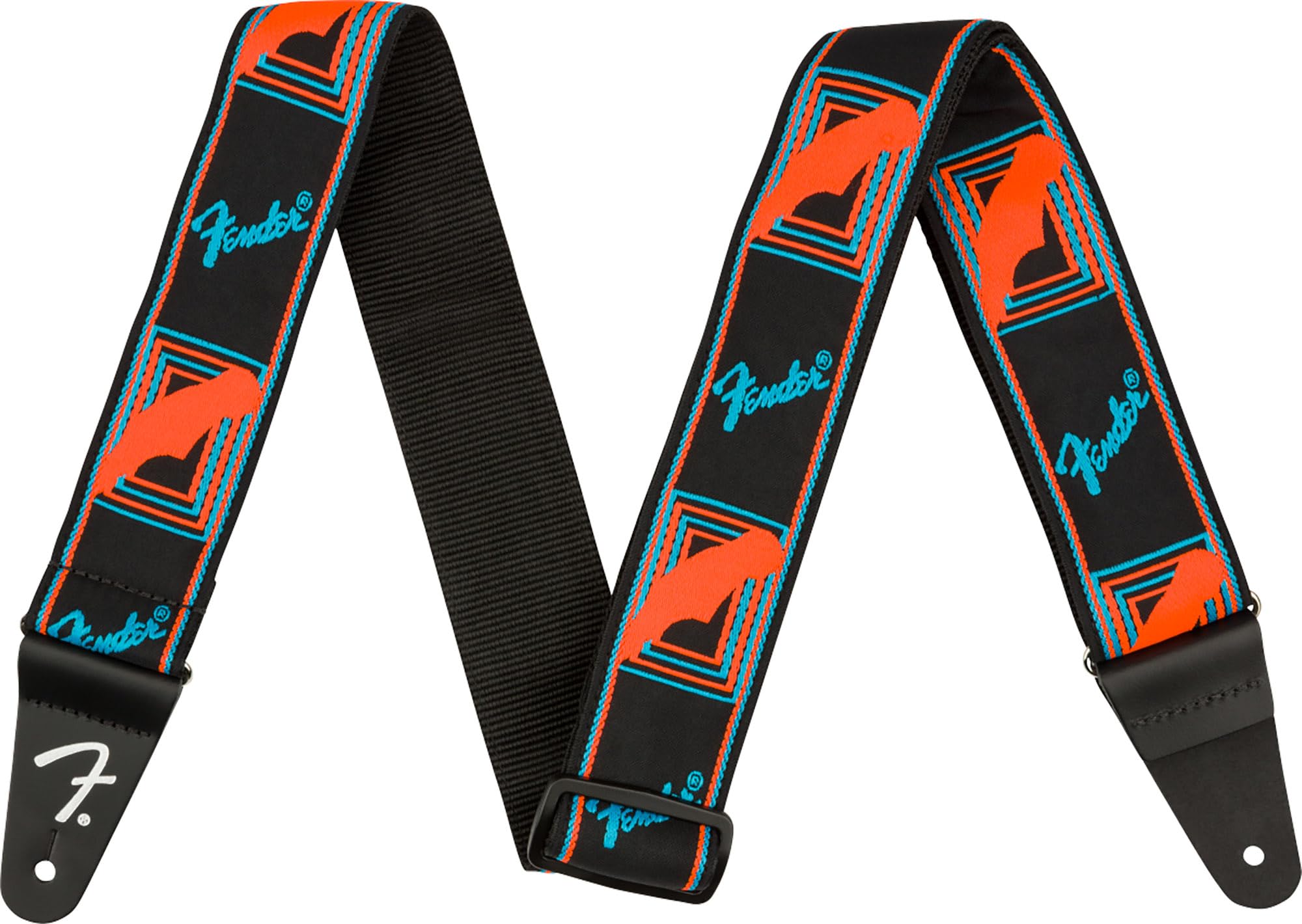Fender Neon Monogrammed 2-Inch Guitar Strap - Blue and Orange Bundle with Strap Blocks and Picks