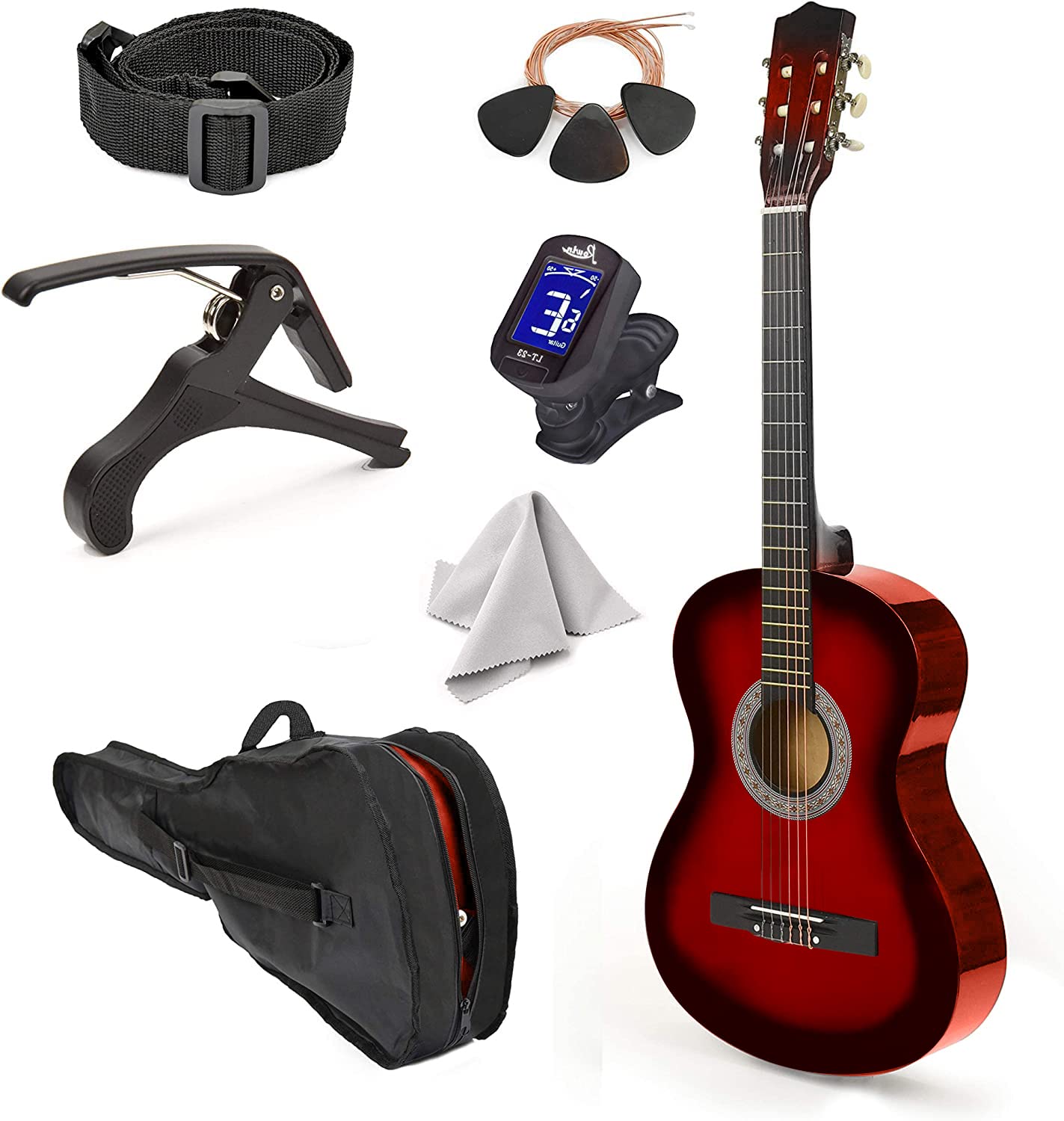 30'' Left Handed Wood Guitar With Case And Accessories For Kids/Girls/Boys/Teens/Beginners (Red Gradient)