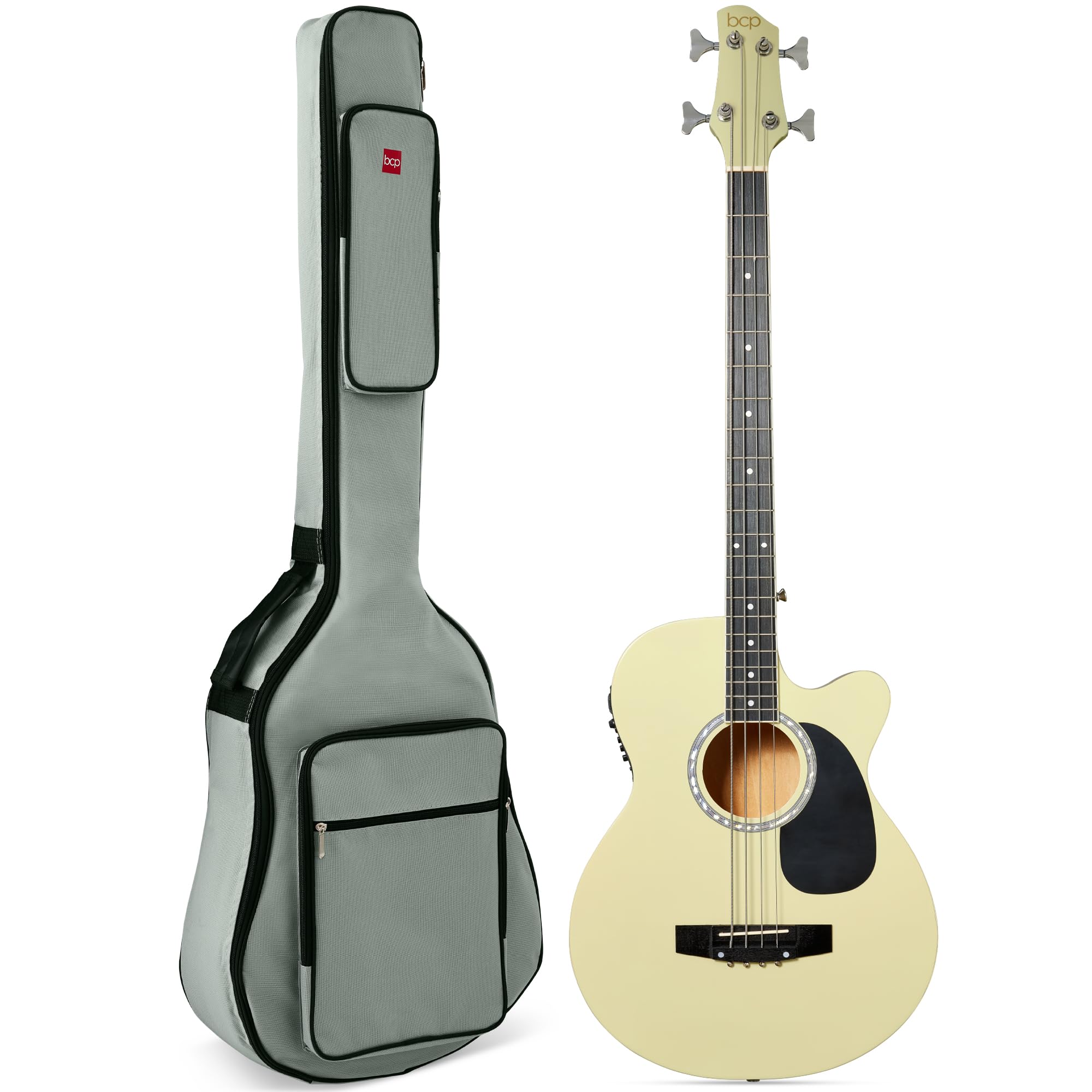 Best Choice Products Acoustic Electric Bass Guitar, Full Size 4 String, Fretted Bass Guitar W/Padded Gig Bag - Cream White